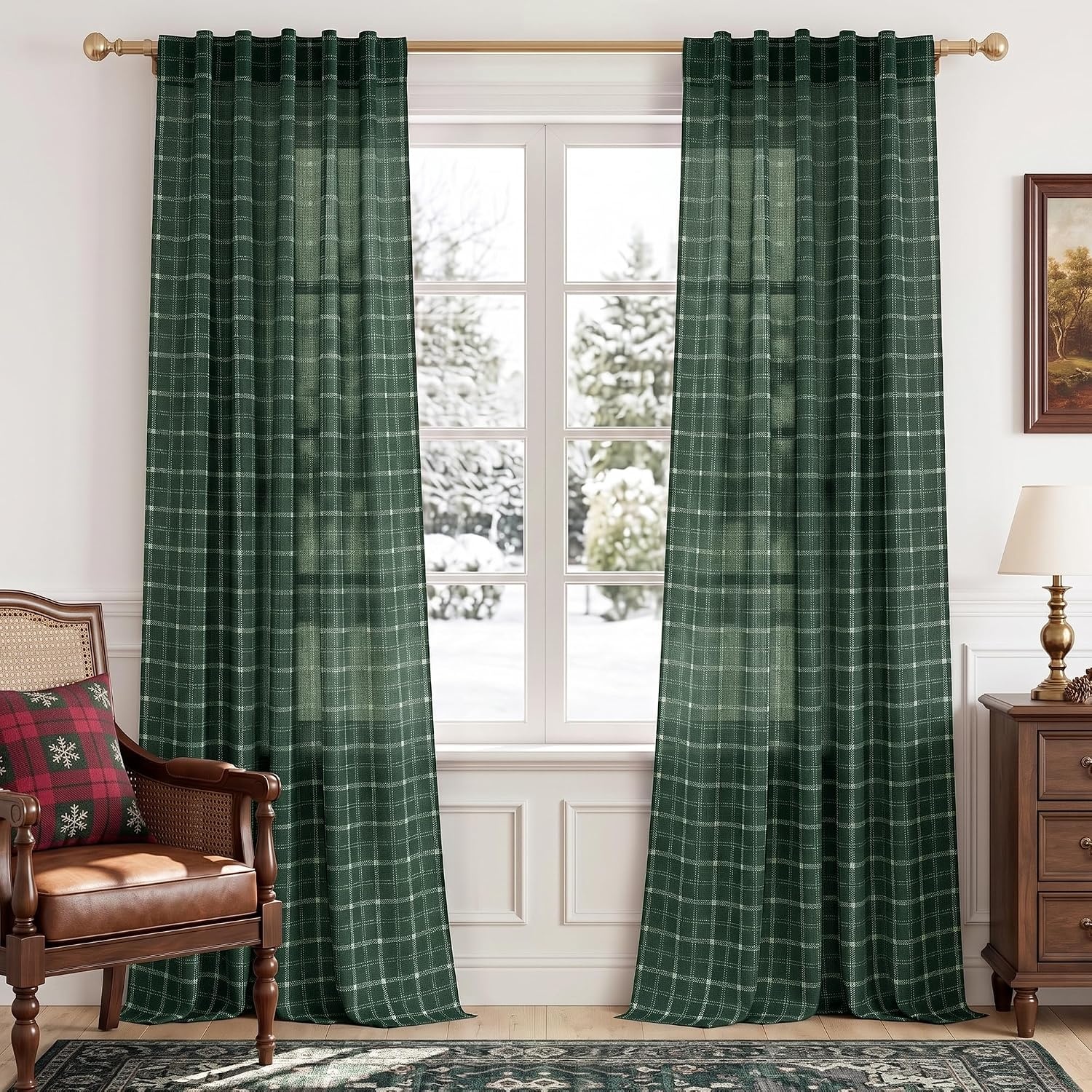 image:imageNICETOWN Taupe Plaid Print Linen Gingham Curtains 96 inches LongGrid Pattern Hunter Green
