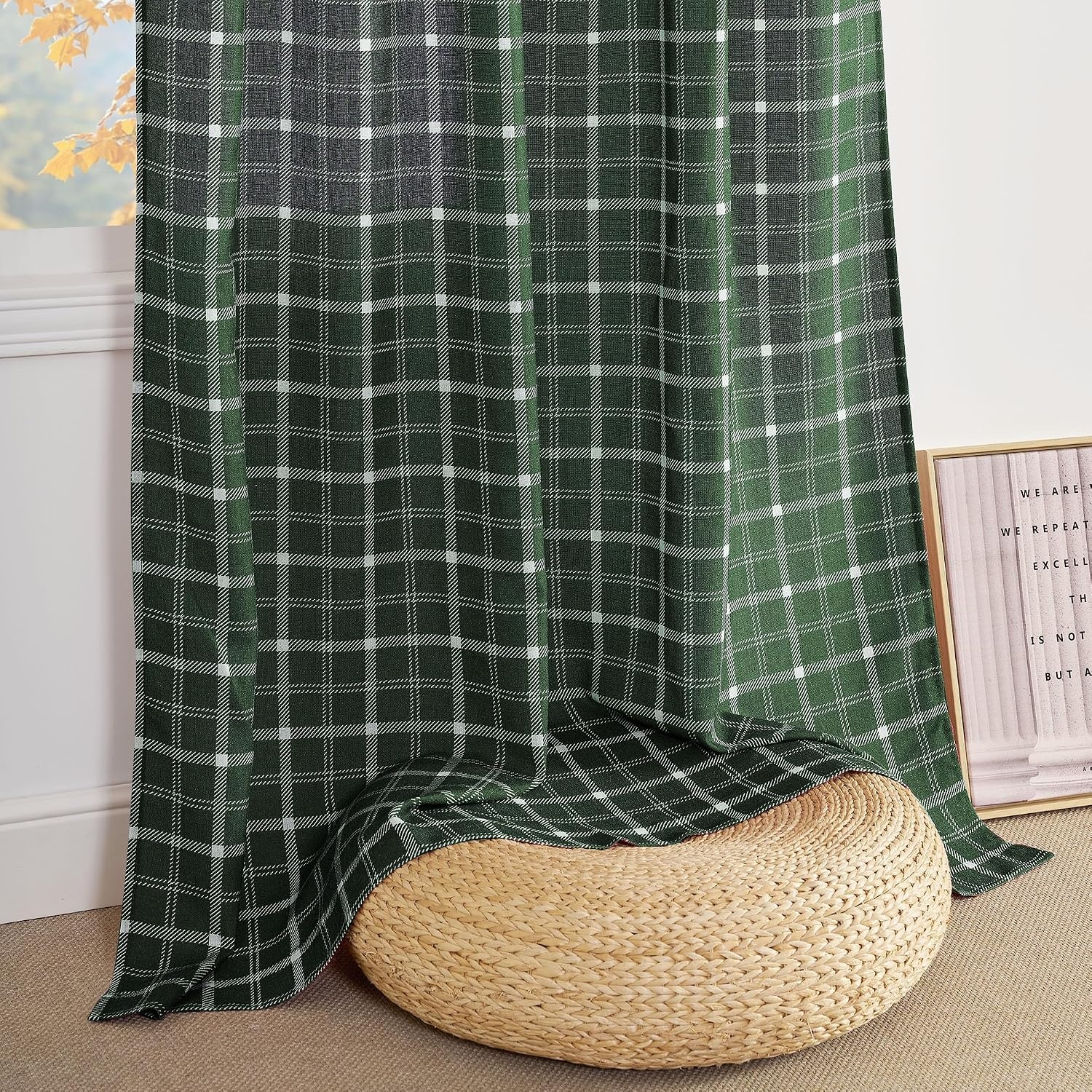 image:imageNICETOWN Taupe Plaid Print Linen Gingham Curtains 96 inches LongGrid Pattern Hunter Green