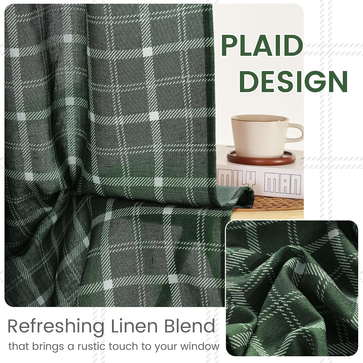 image:imageNICETOWN Taupe Plaid Print Linen Gingham Curtains 96 inches LongGrid Pattern Hunter Green