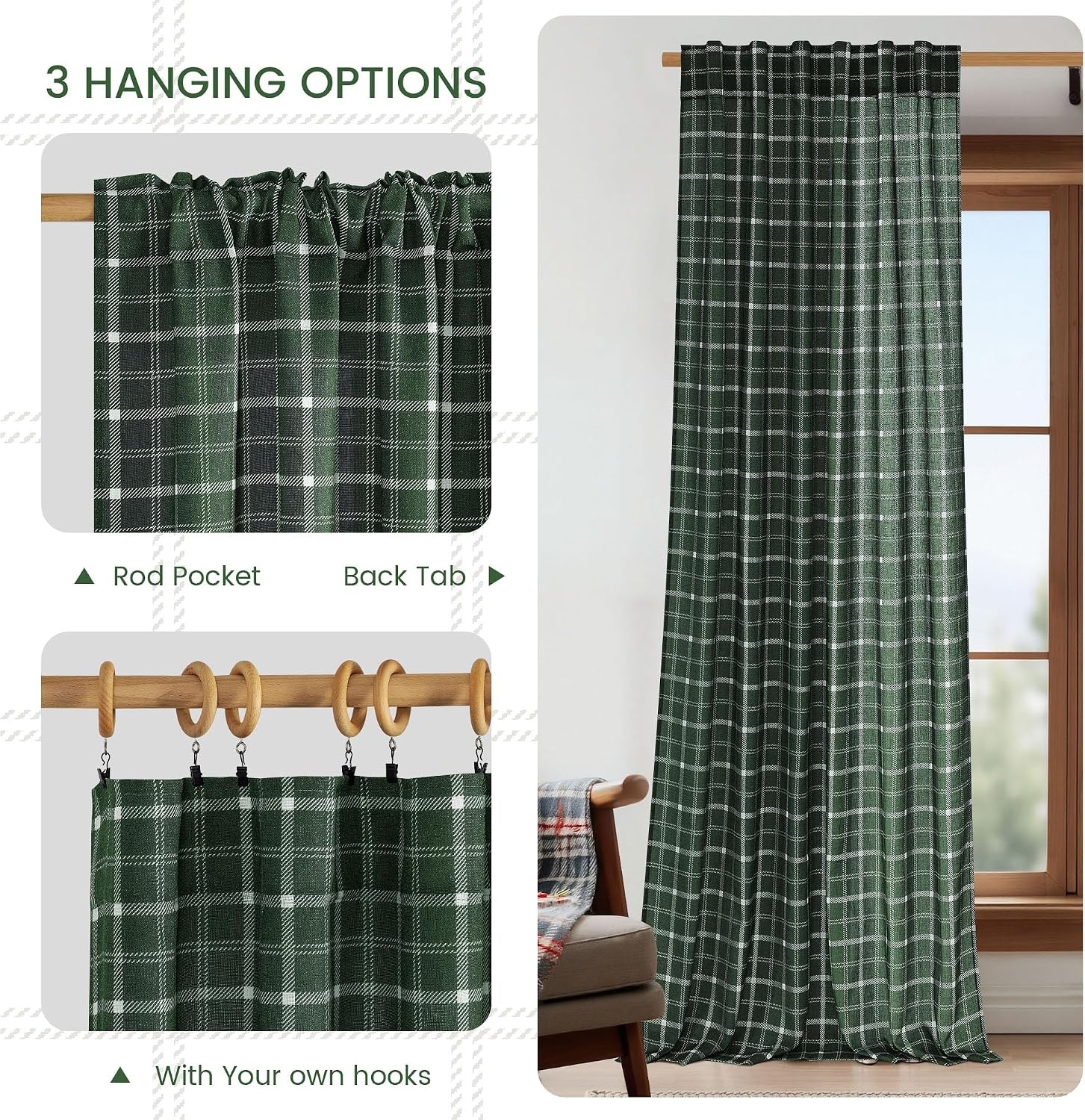 image:imageNICETOWN Taupe Plaid Print Linen Gingham Curtains 96 inches LongGrid Pattern Hunter Green