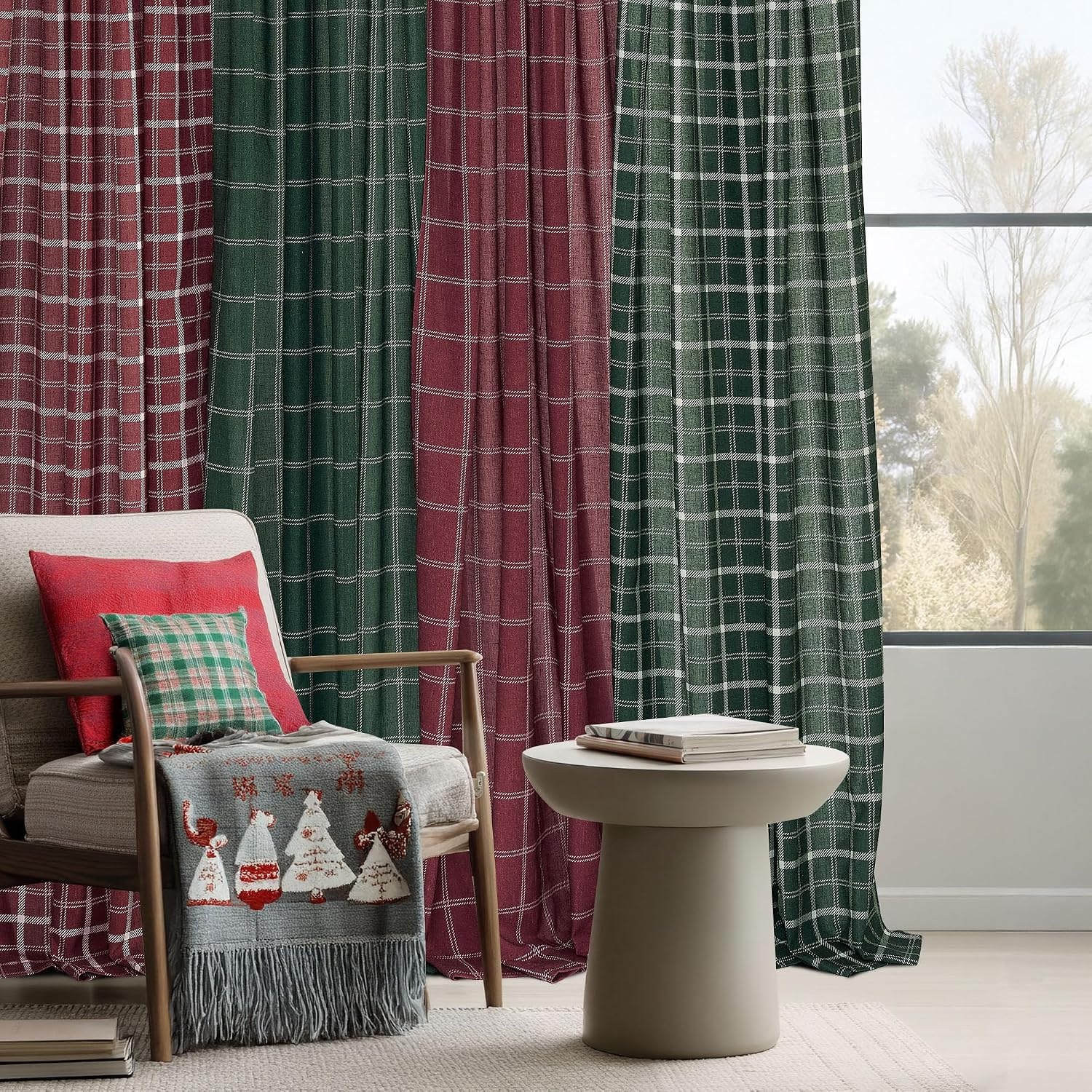 image:imageNICETOWN Taupe Plaid Print Linen Gingham Curtains 96 inches LongGrid Pattern Hunter Green