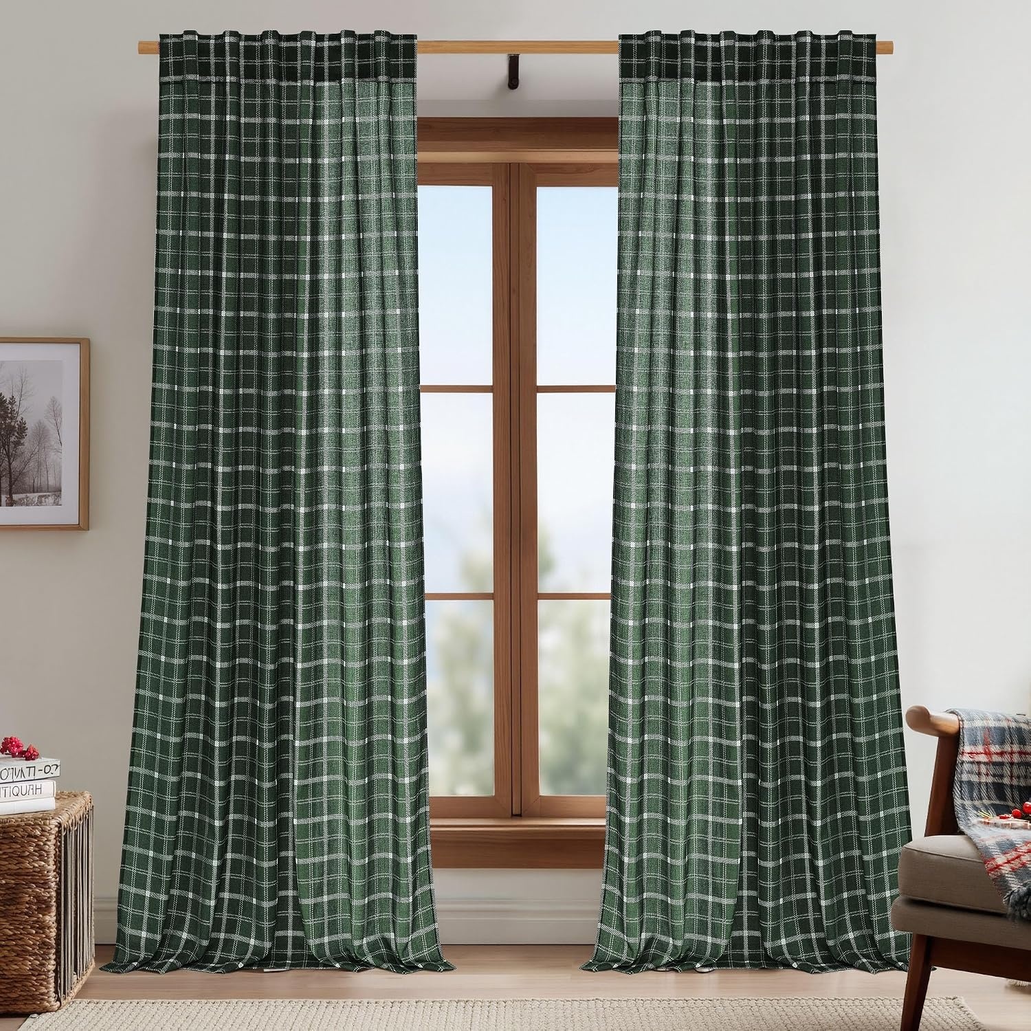 image:imageNICETOWN Taupe Plaid Print Linen Gingham Curtains 96 inches LongGrid Pattern Hunter Green