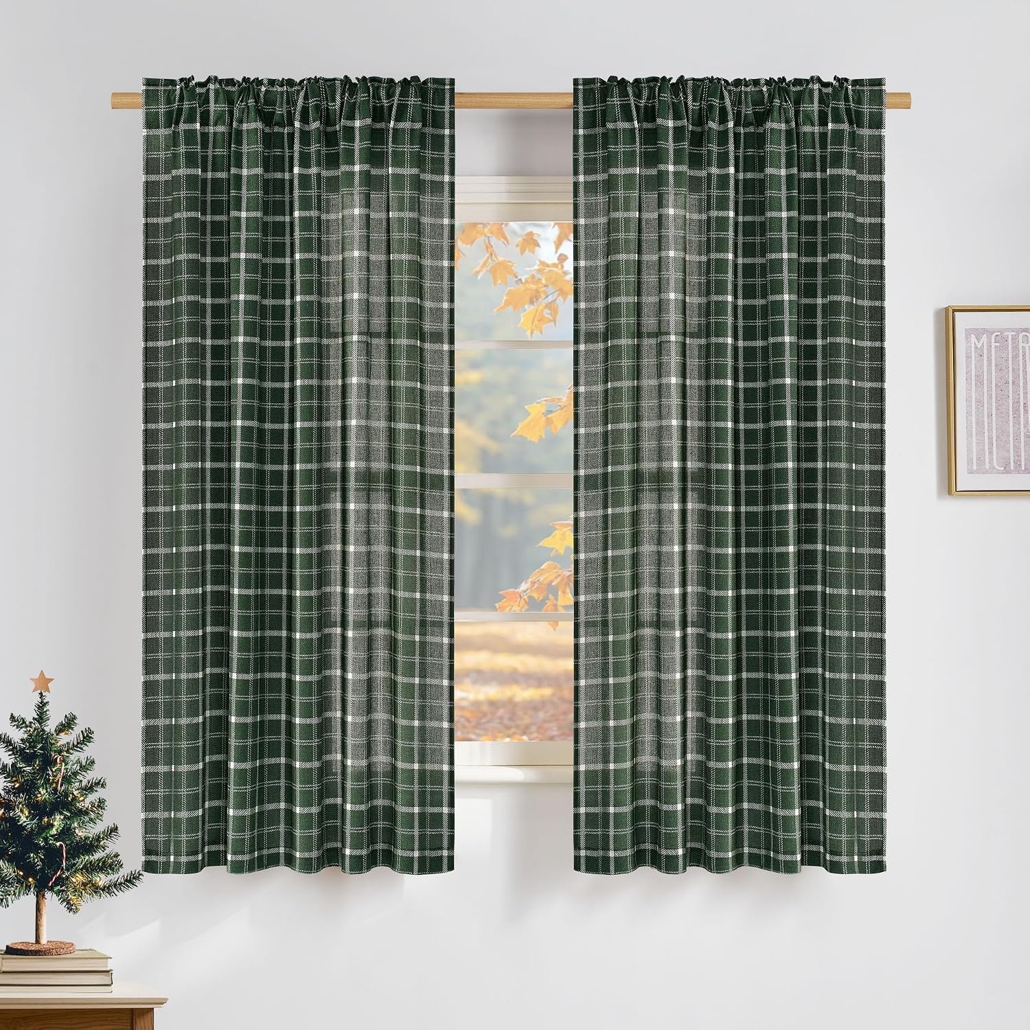 image:imageNICETOWN Taupe Plaid Print Linen Gingham Curtains 96 inches LongGrid Pattern Hunter Green