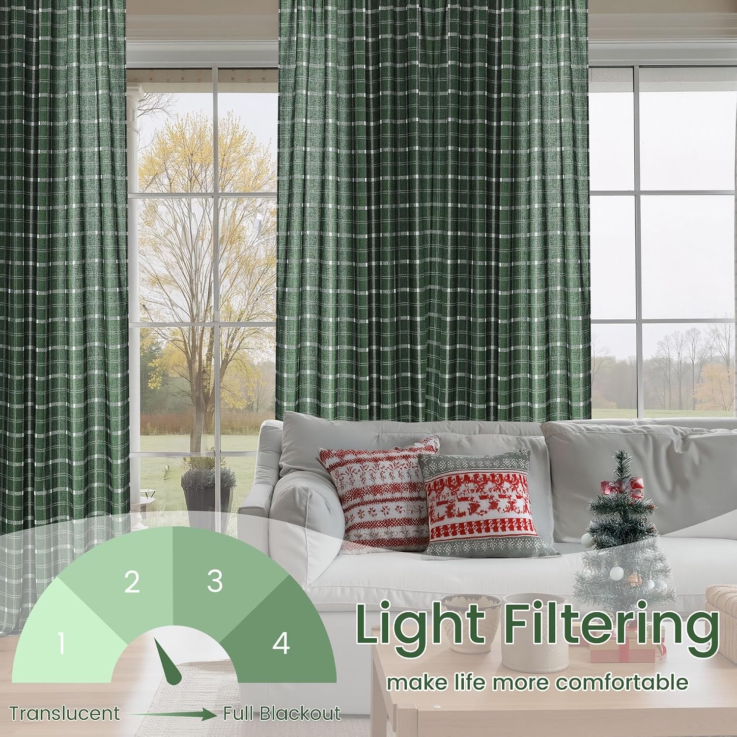 image:imageNICETOWN Taupe Plaid Print Linen Gingham Curtains 96 inches LongGrid Pattern Hunter Green