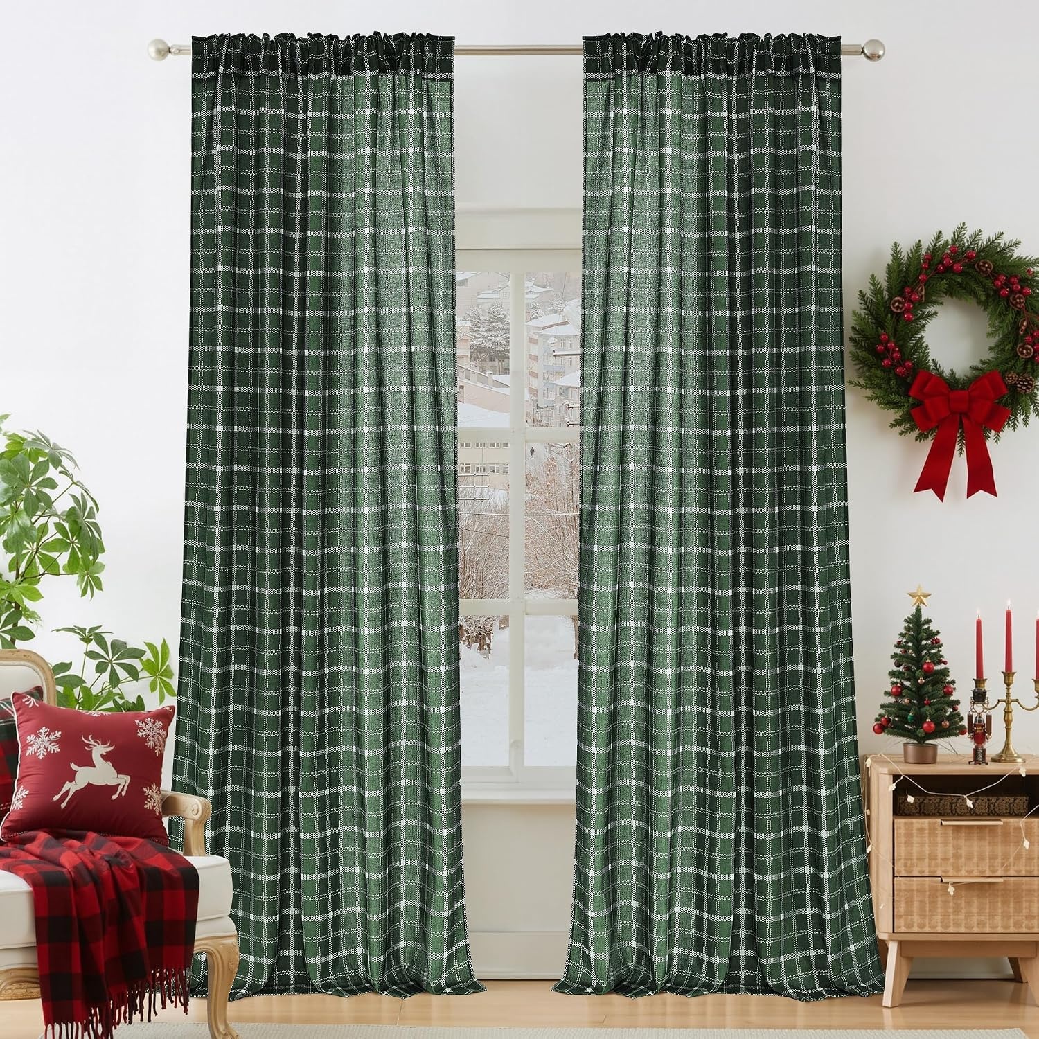 image:imageNICETOWN Taupe Plaid Print Linen Gingham Curtains 96 inches LongGrid Pattern Hunter Green