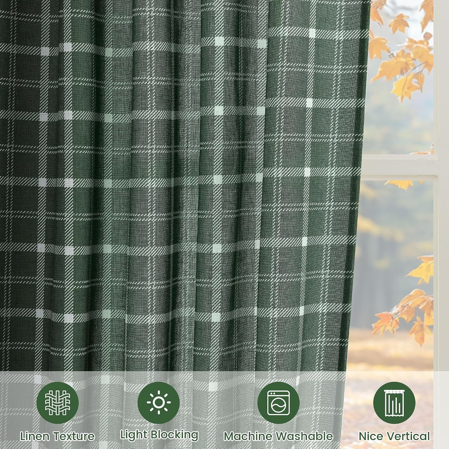 image:imageNICETOWN Taupe Plaid Print Linen Gingham Curtains 96 inches LongGrid Pattern Hunter Green