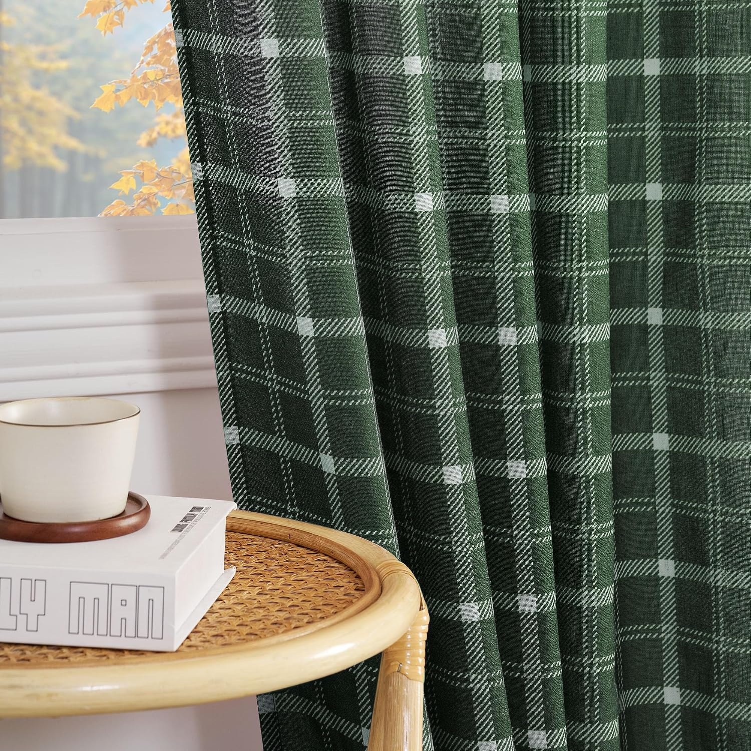 image:imageNICETOWN Taupe Plaid Print Linen Gingham Curtains 96 inches LongGrid Pattern Hunter Green