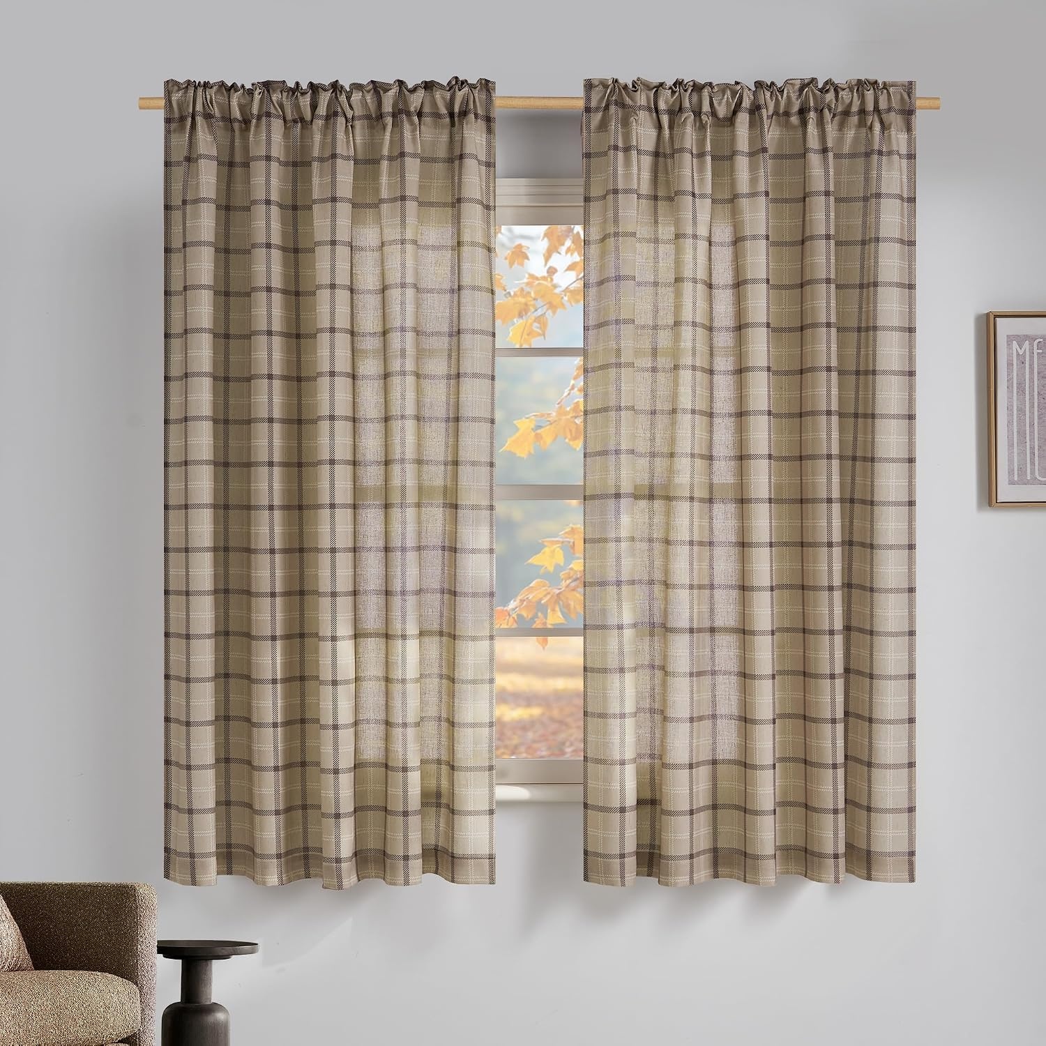 image:imageNICETOWN Taupe Plaid Print Linen Gingham Curtains 96 inches LongGrid Pattern Light Greige