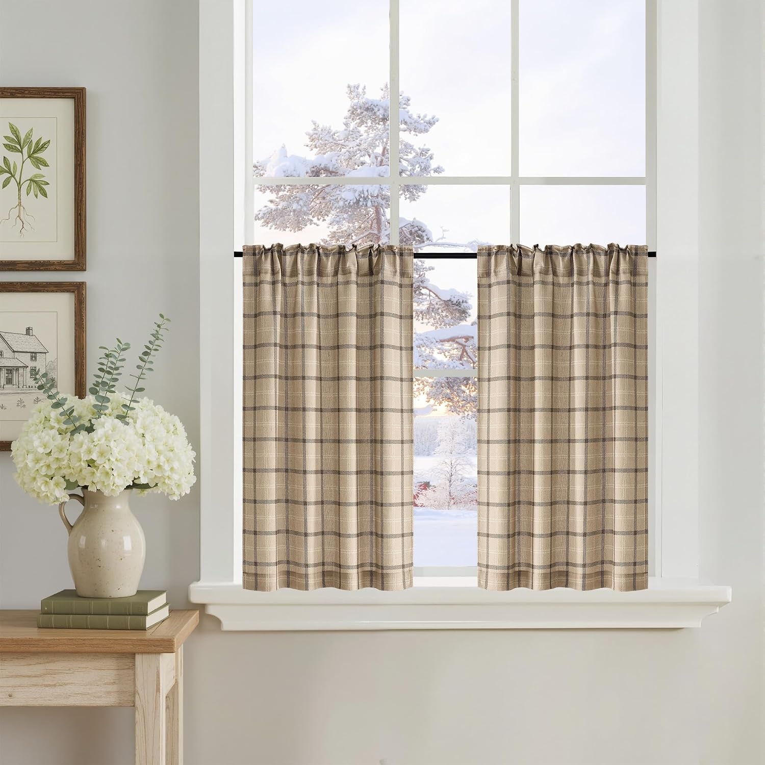 image:imageNICETOWN Taupe Plaid Print Linen Gingham Curtains 96 inches LongGrid Pattern Light Greige