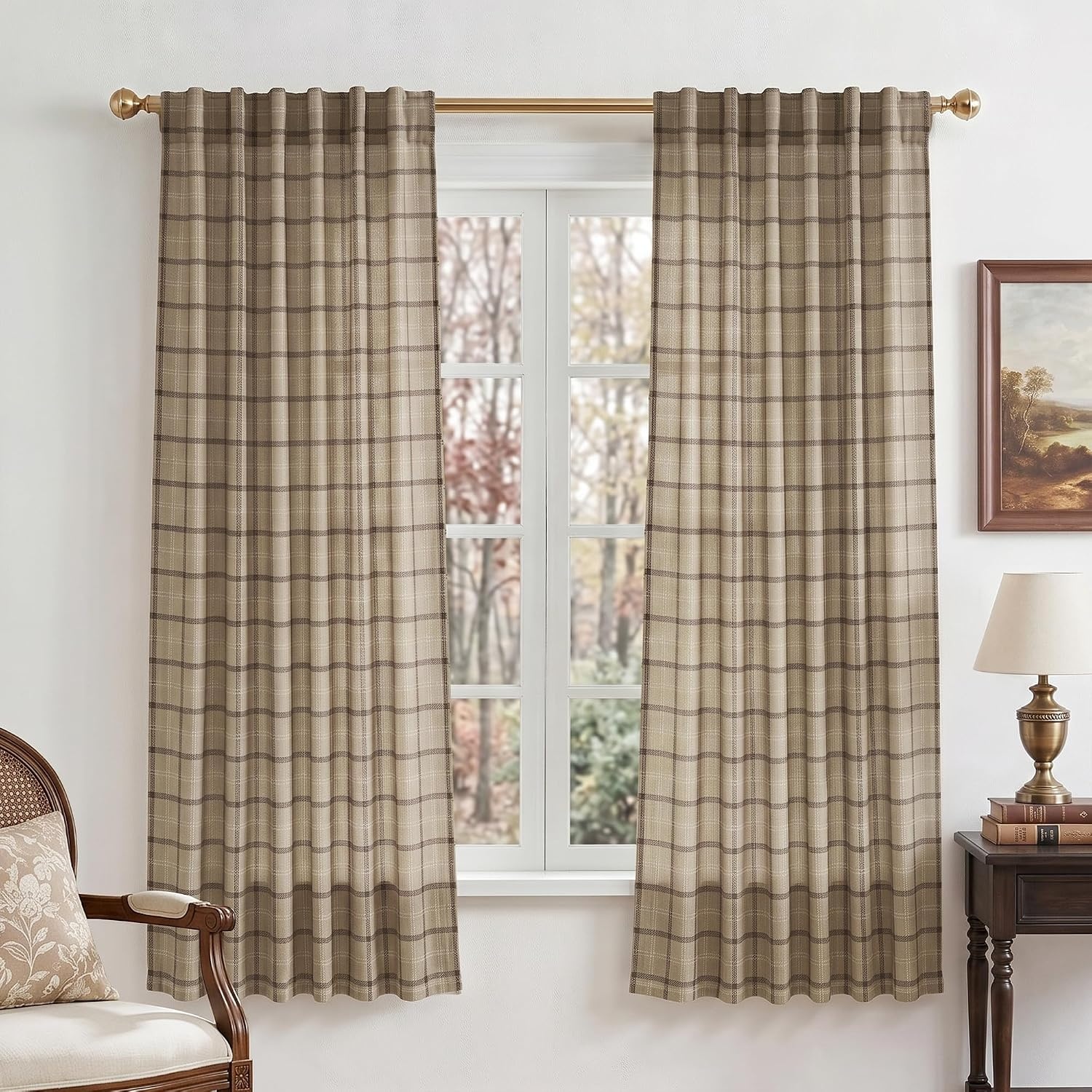 image:imageNICETOWN Taupe Plaid Print Linen Gingham Curtains 96 inches LongGrid Pattern Light Greige