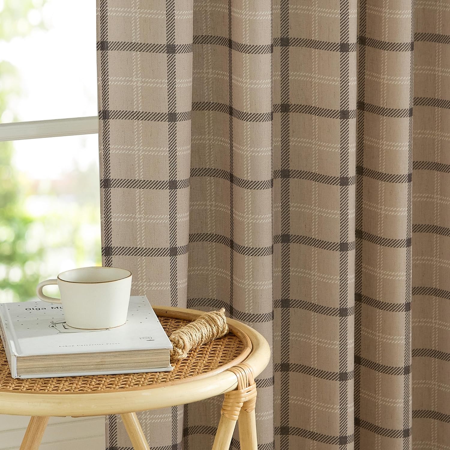image:imageNICETOWN Taupe Plaid Print Linen Gingham Curtains 96 inches LongGrid Pattern Light Greige