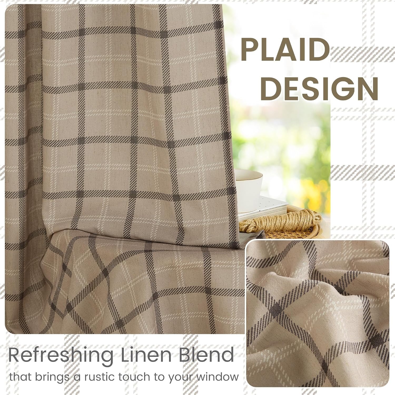 image:imageNICETOWN Taupe Plaid Print Linen Gingham Curtains 96 inches LongGrid Pattern Light Greige