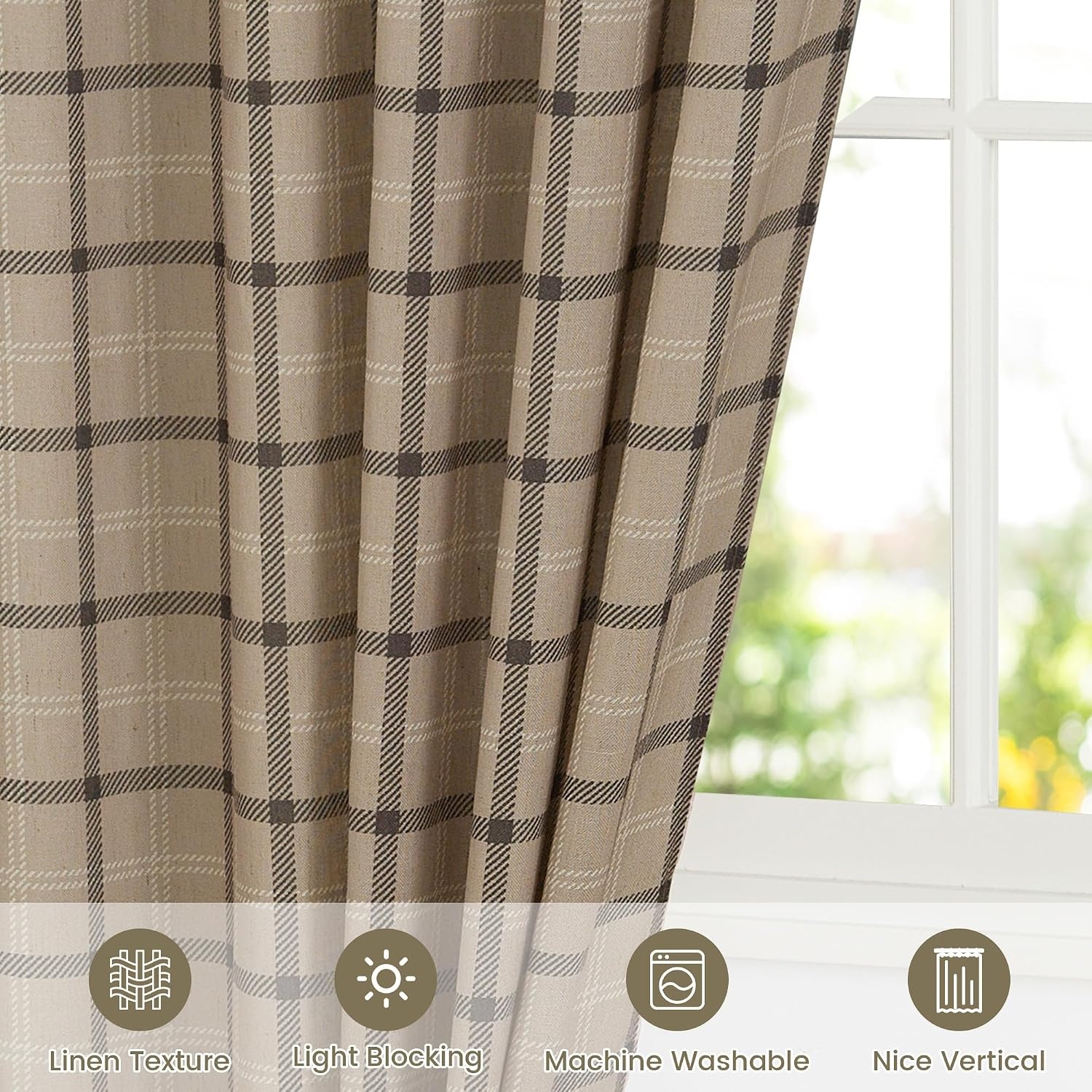 image:imageNICETOWN Taupe Plaid Print Linen Gingham Curtains 96 inches LongGrid Pattern Light Greige