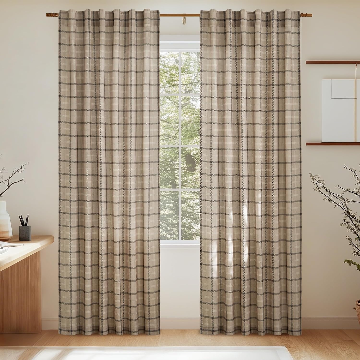 image:imageNICETOWN Taupe Plaid Print Linen Gingham Curtains 96 inches LongGrid Pattern Light Greige