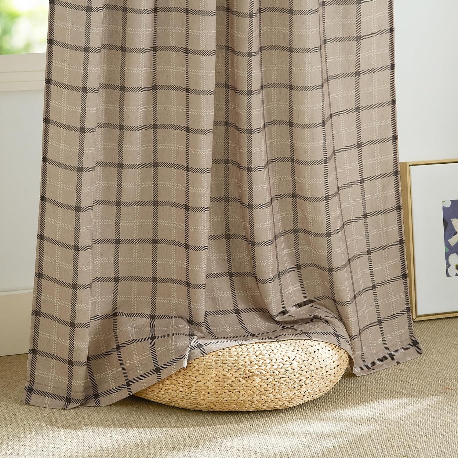 image:imageNICETOWN Taupe Plaid Print Linen Gingham Curtains 96 inches LongGrid Pattern Light Greige