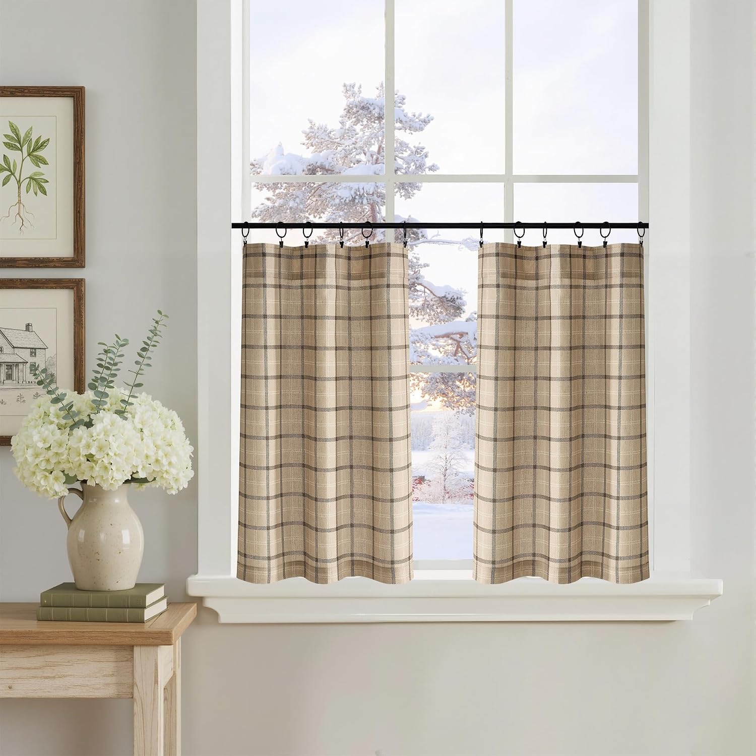 image:imageNICETOWN Taupe Plaid Print Linen Gingham Curtains 96 inches LongGrid Pattern Light Greige