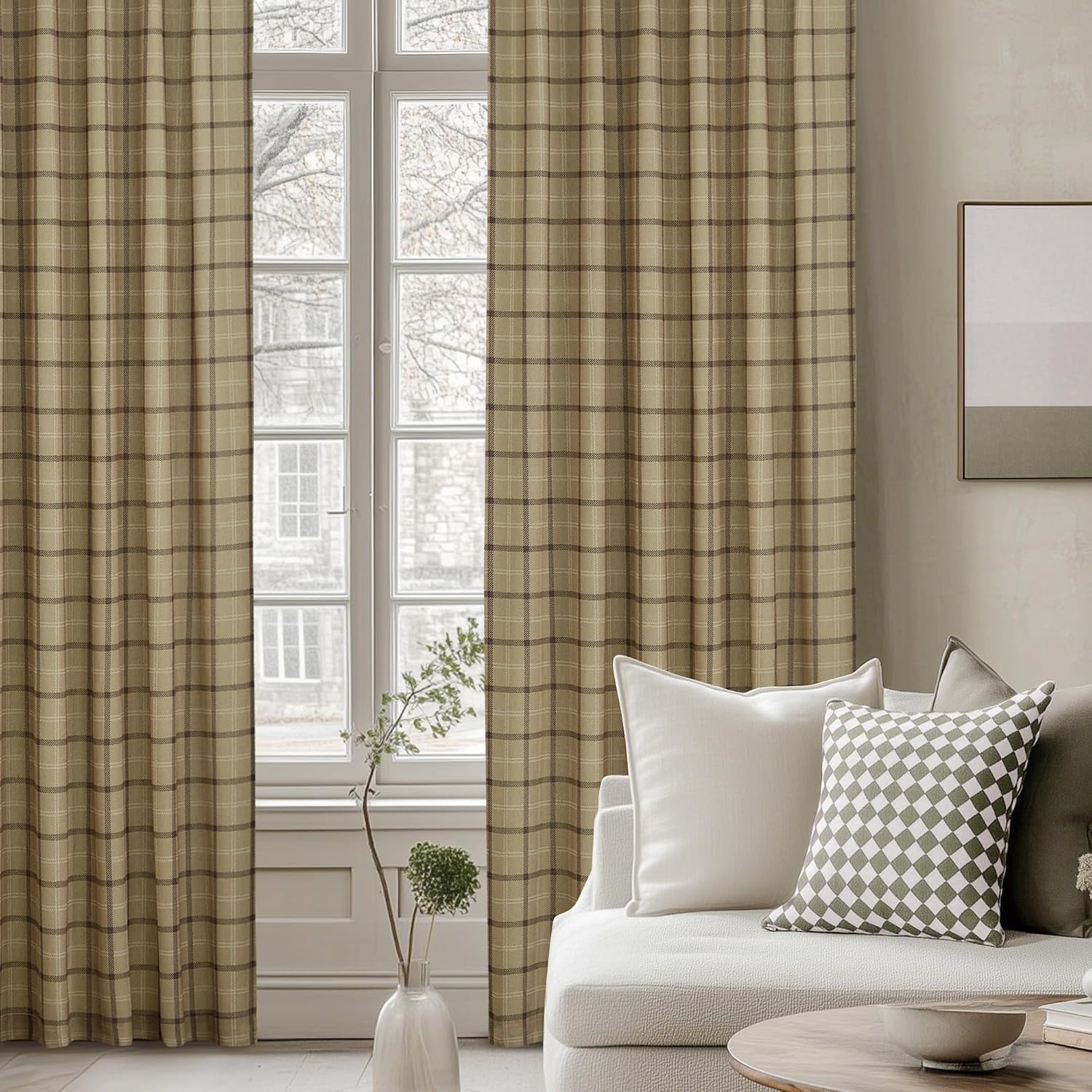 image:imageNICETOWN Taupe Plaid Print Linen Gingham Curtains 96 inches LongGrid Pattern Linen