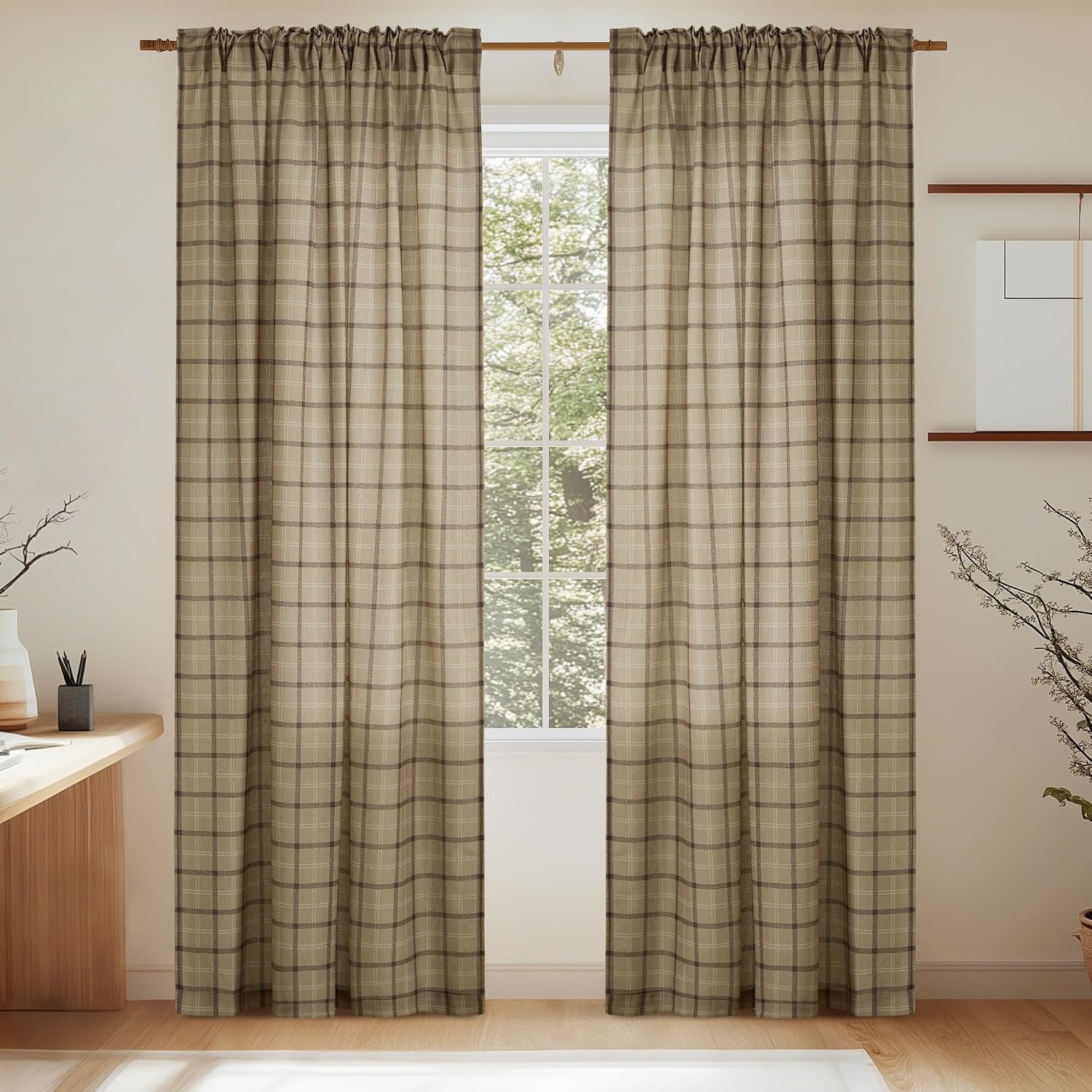 image:imageNICETOWN Taupe Plaid Print Linen Gingham Curtains 96 inches LongGrid Pattern Linen