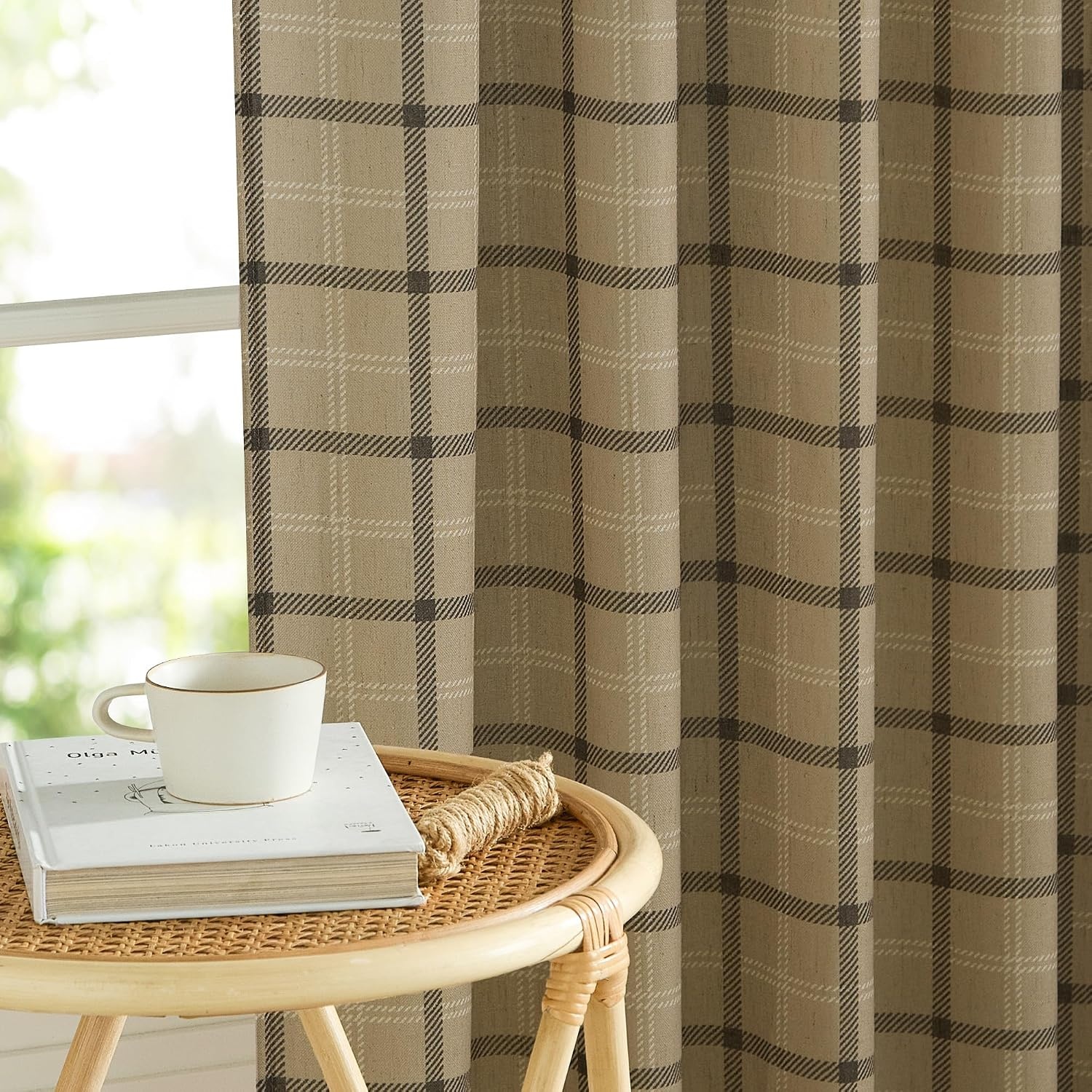 image:imageNICETOWN Taupe Plaid Print Linen Gingham Curtains 96 inches LongGrid Pattern Linen