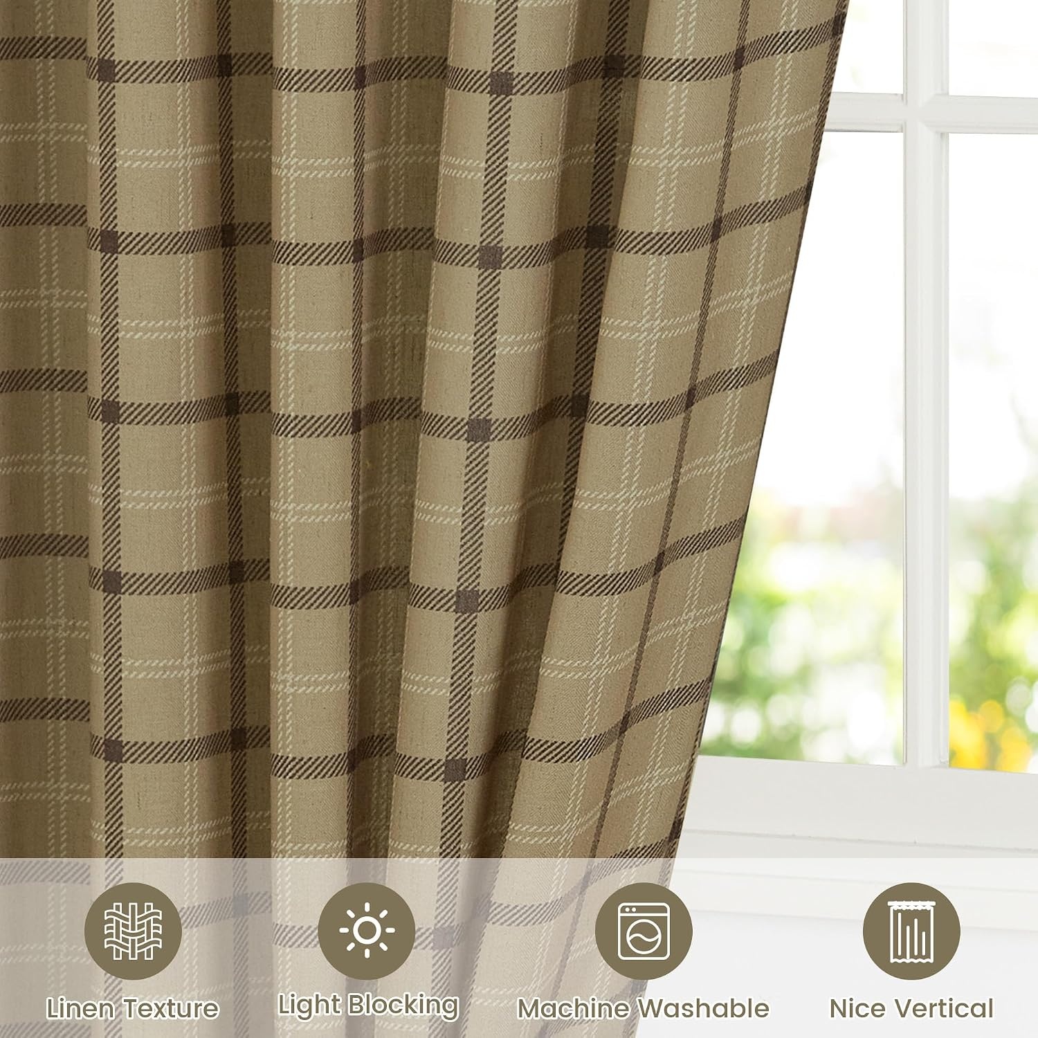 image:imageNICETOWN Taupe Plaid Print Linen Gingham Curtains 96 inches LongGrid Pattern Linen