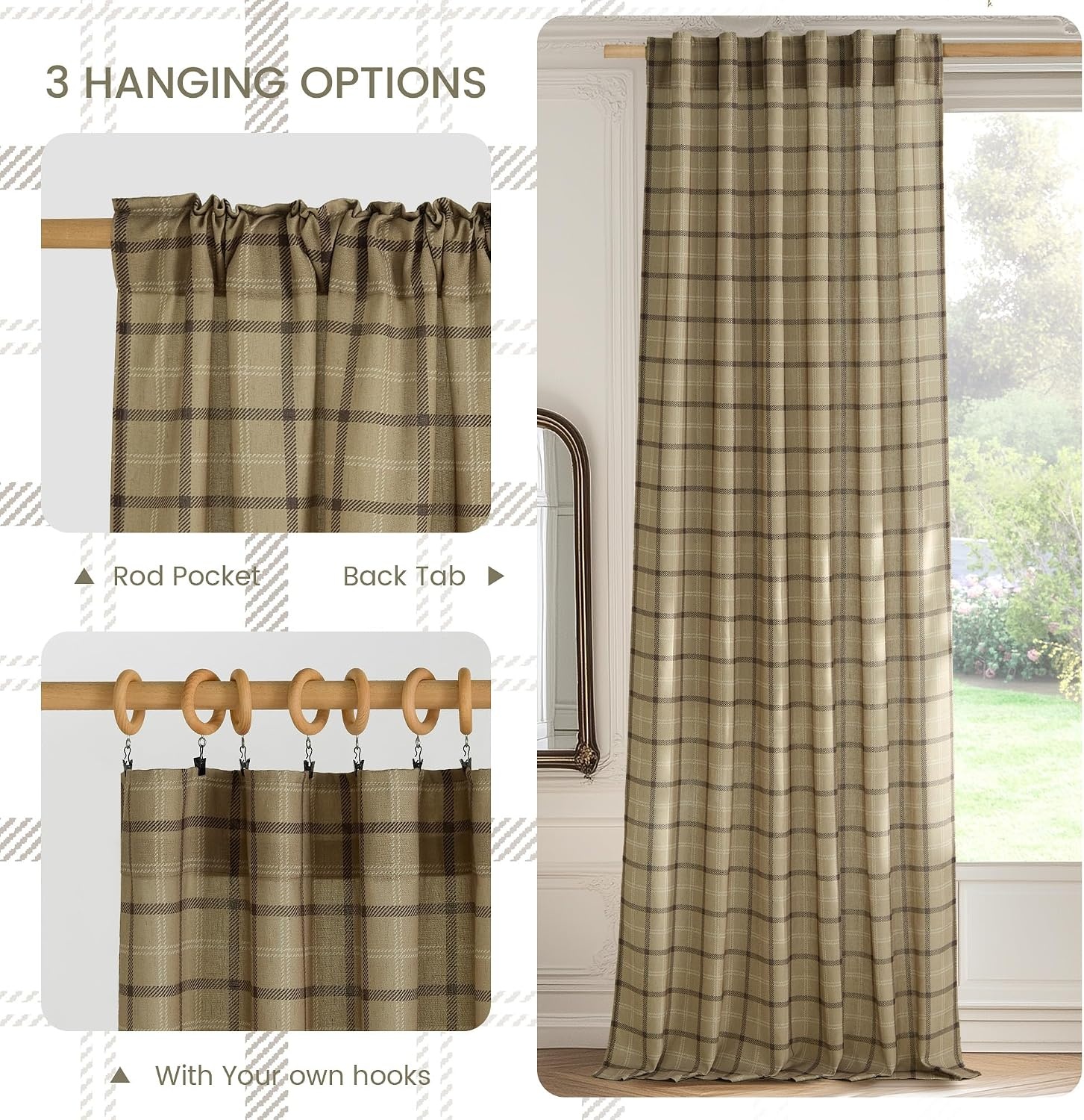 image:imageNICETOWN Taupe Plaid Print Linen Gingham Curtains 96 inches LongGrid Pattern Linen