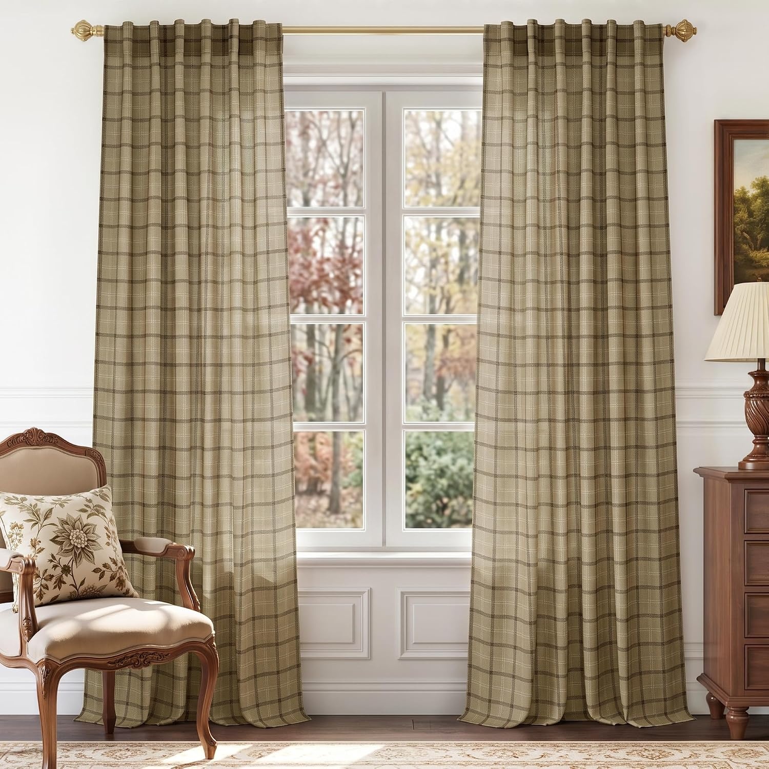 image:imageNICETOWN Taupe Plaid Print Linen Gingham Curtains 96 inches LongGrid Pattern Linen