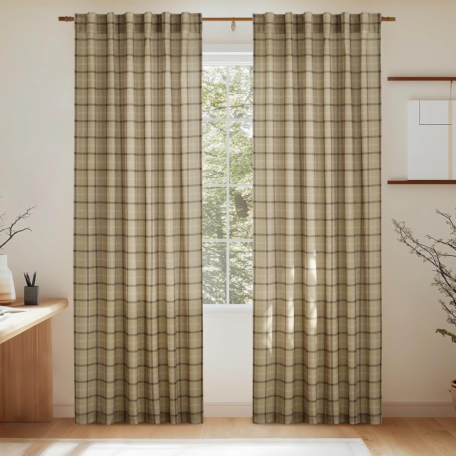 image:imageNICETOWN Taupe Plaid Print Linen Gingham Curtains 96 inches LongGrid Pattern Linen