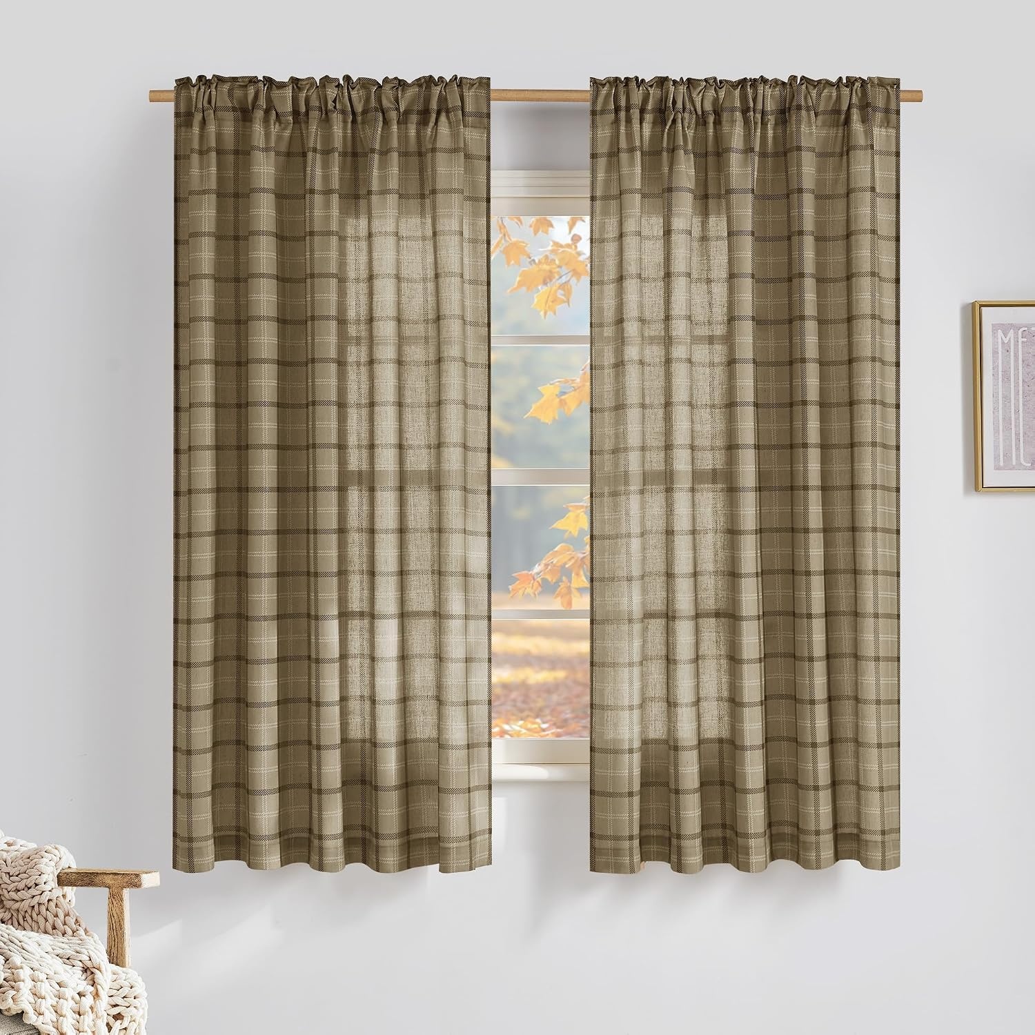 image:imageNICETOWN Taupe Plaid Print Linen Gingham Curtains 96 inches LongGrid Pattern Linen