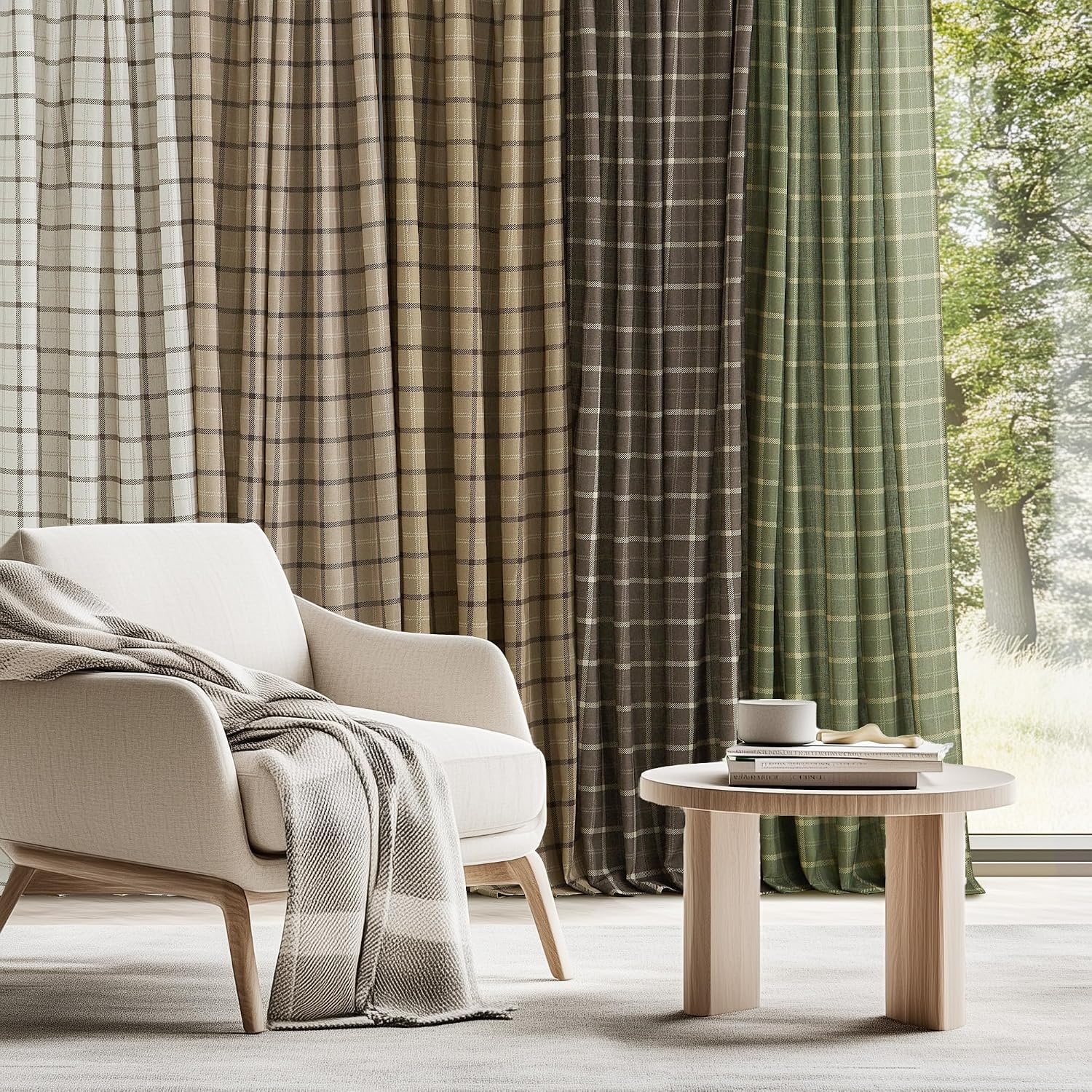 image:imageNICETOWN Taupe Plaid Print Linen Gingham Curtains 96 inches LongGrid Pattern Linen