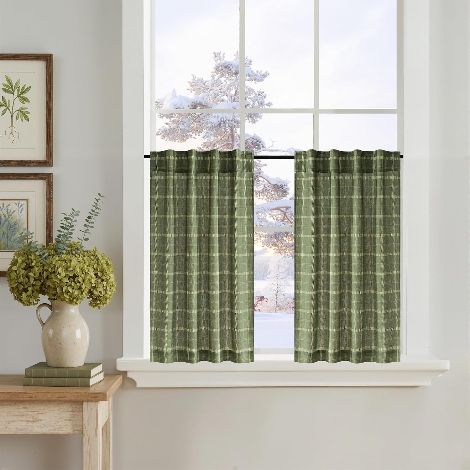 image:imageNICETOWN Taupe Plaid Print Linen Gingham Curtains 96 inches LongGrid Pattern Moss Green