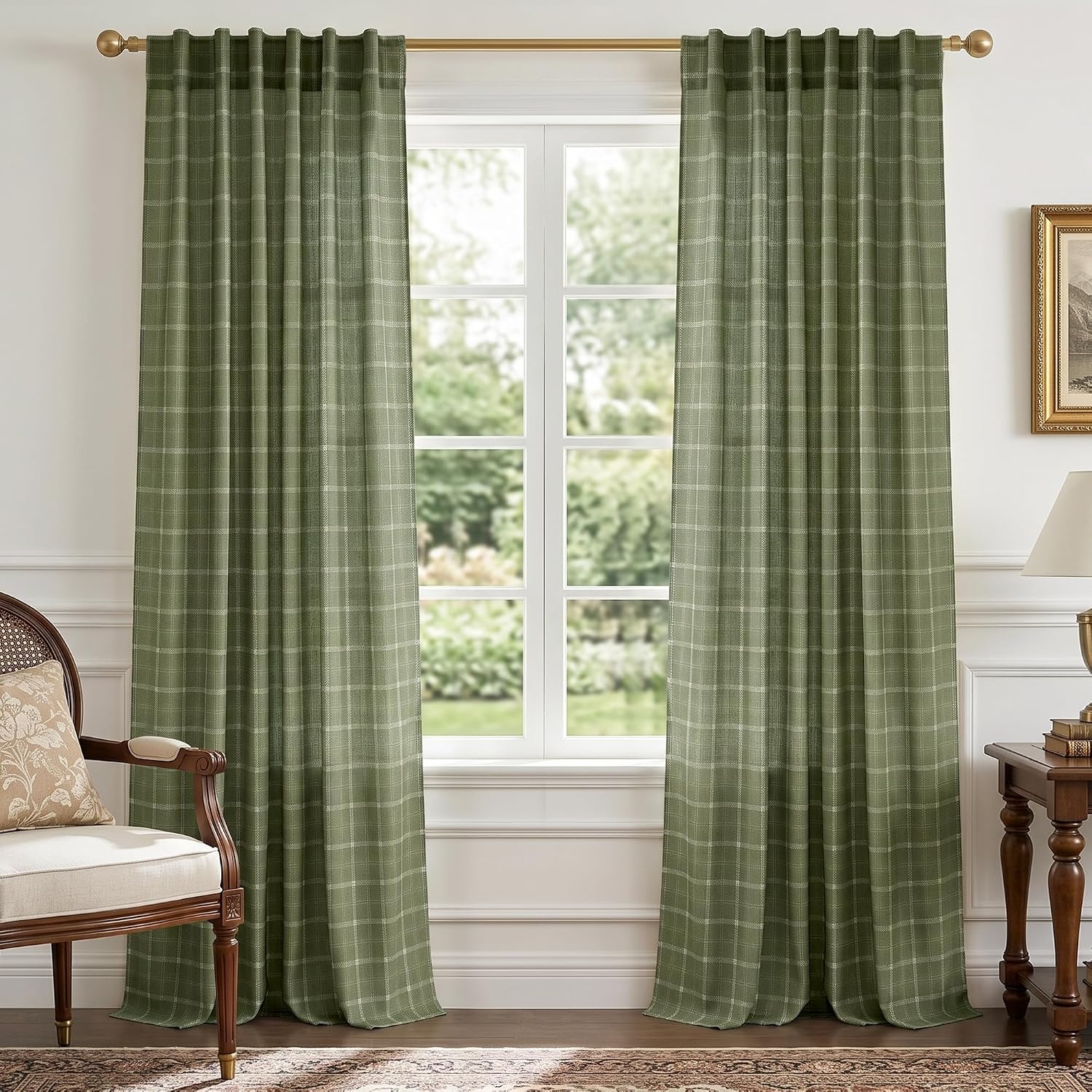 image:imageNICETOWN Taupe Plaid Print Linen Gingham Curtains 96 inches LongGrid Pattern Moss Green