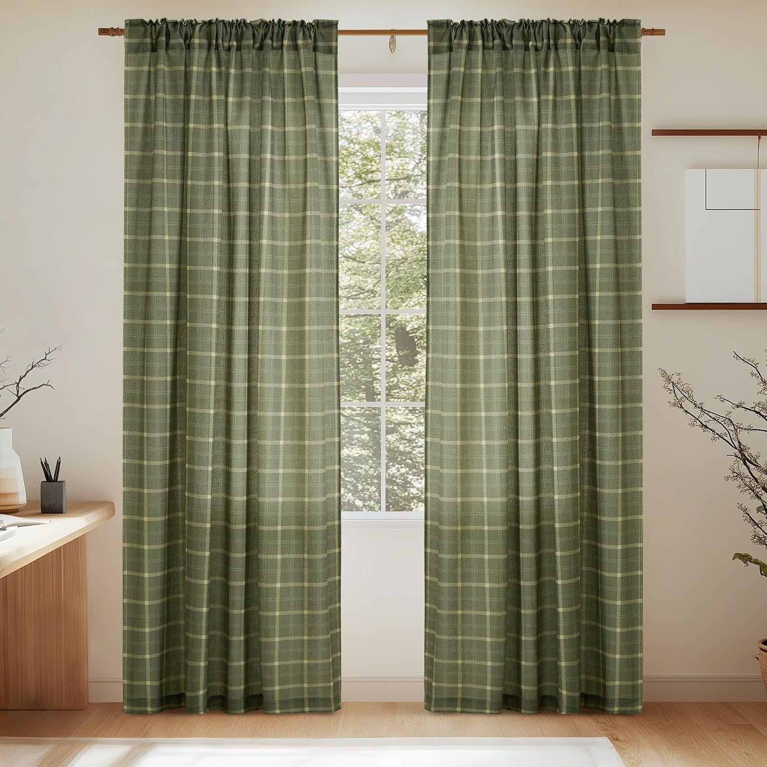 image:imageNICETOWN Taupe Plaid Print Linen Gingham Curtains 96 inches LongGrid Pattern Moss Green