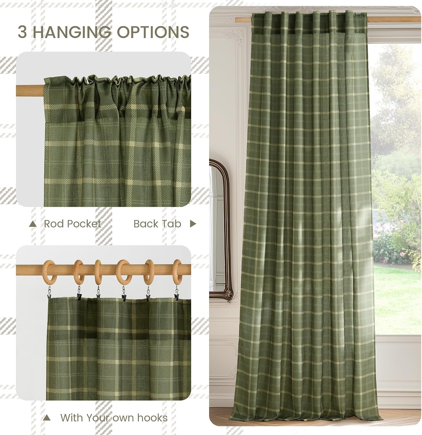 image:imageNICETOWN Taupe Plaid Print Linen Gingham Curtains 96 inches LongGrid Pattern Moss Green