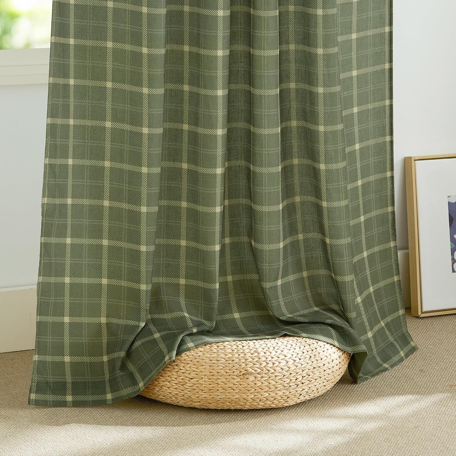 image:imageNICETOWN Taupe Plaid Print Linen Gingham Curtains 96 inches LongGrid Pattern Moss Green