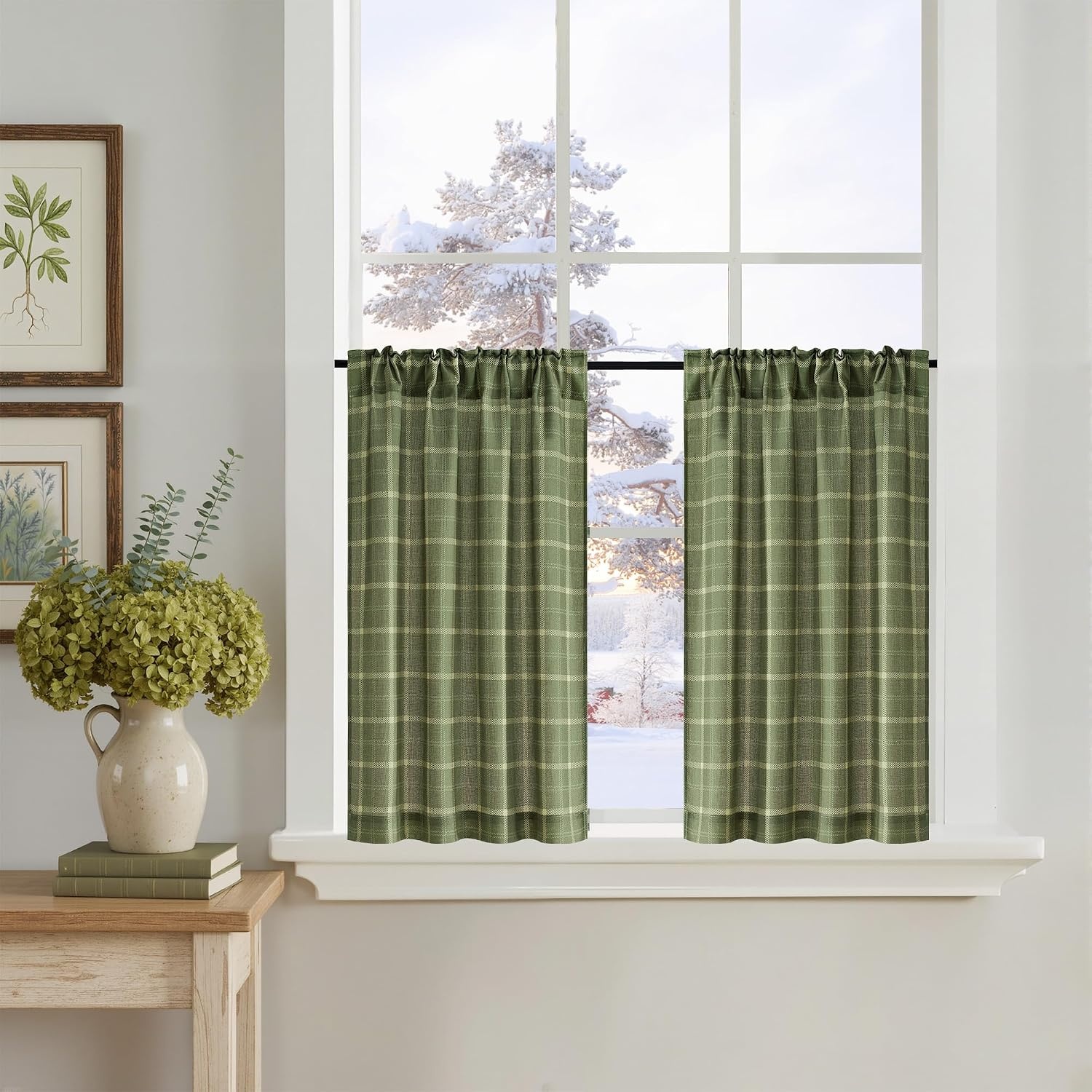 image:imageNICETOWN Taupe Plaid Print Linen Gingham Curtains 96 inches LongGrid Pattern Moss Green