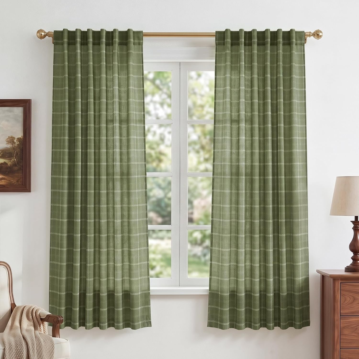 image:imageNICETOWN Taupe Plaid Print Linen Gingham Curtains 96 inches LongGrid Pattern Moss Green