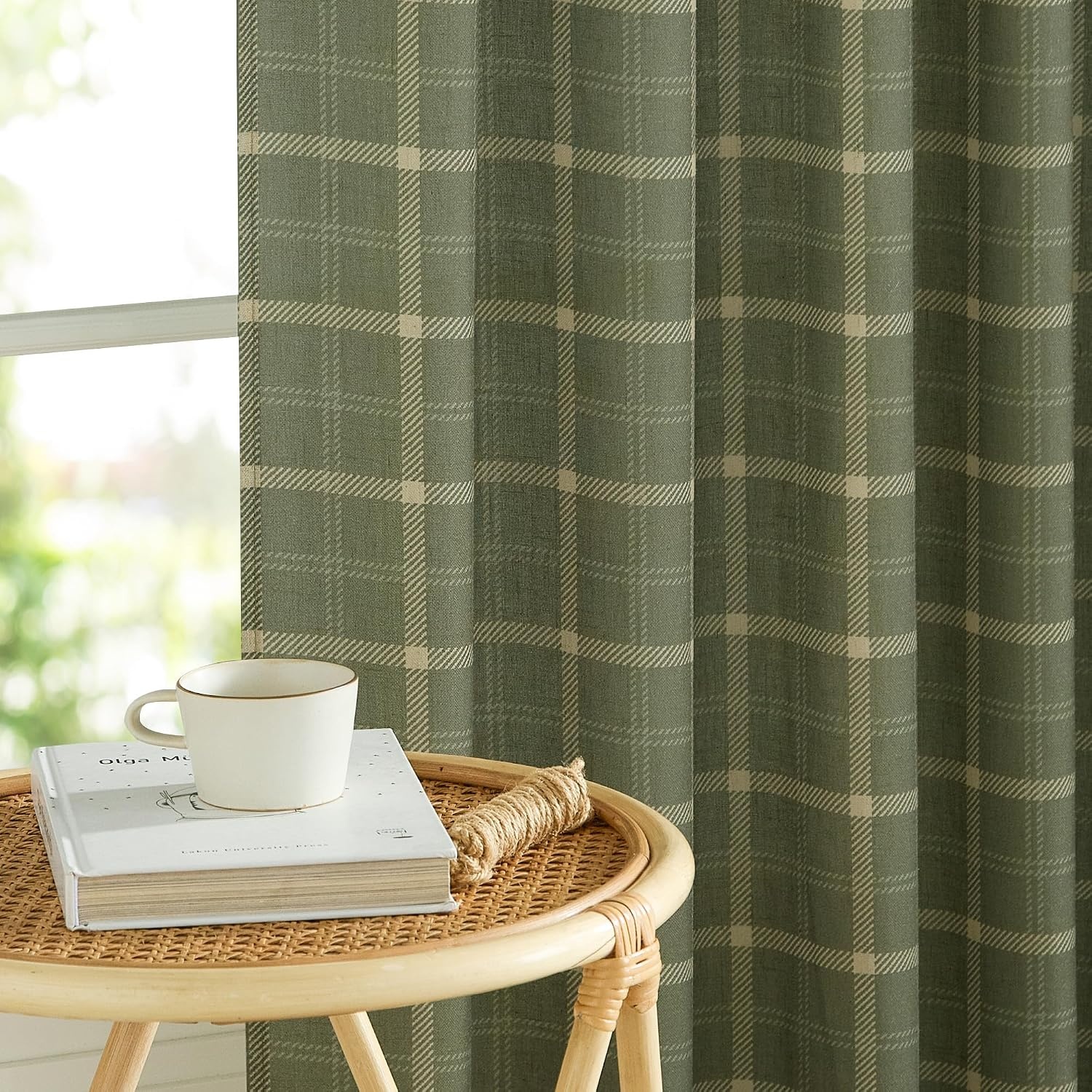 image:imageNICETOWN Taupe Plaid Print Linen Gingham Curtains 96 inches LongGrid Pattern Moss Green