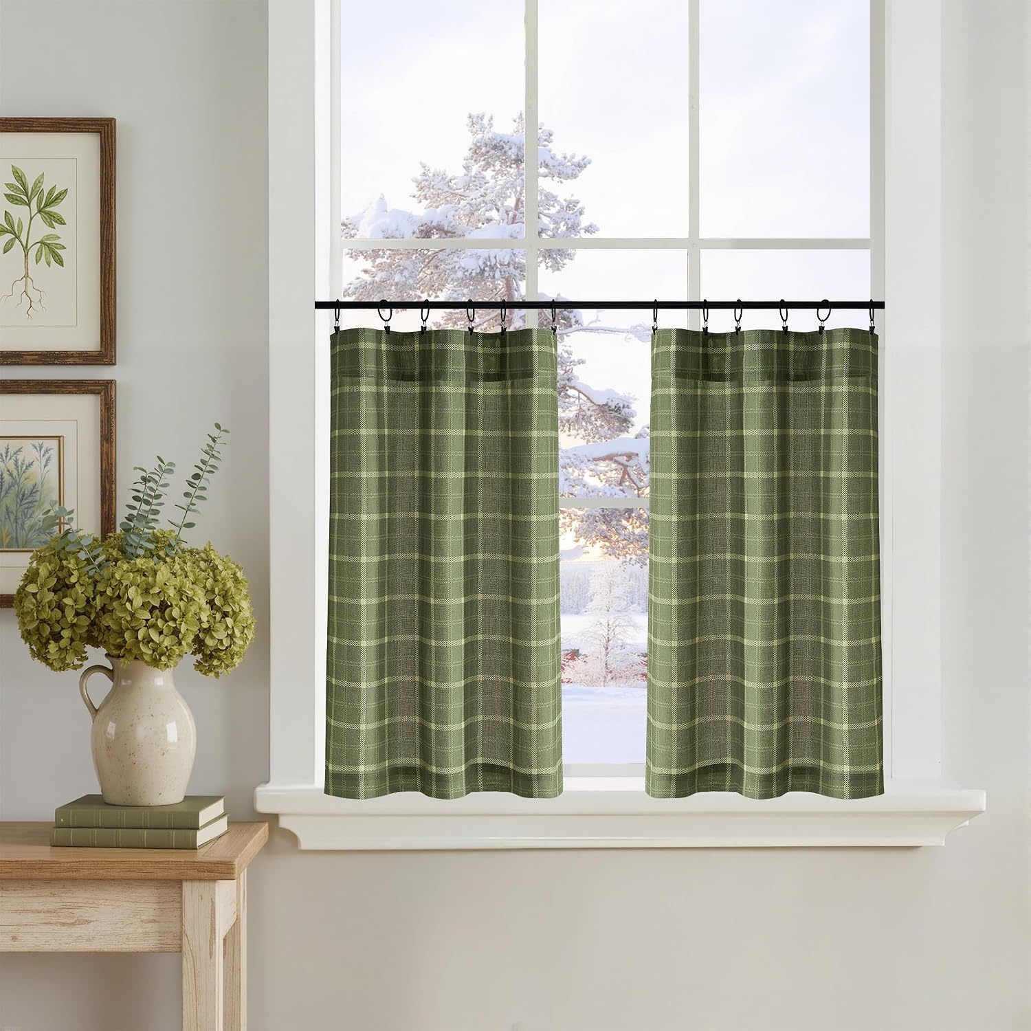 image:imageNICETOWN Taupe Plaid Print Linen Gingham Curtains 96 inches LongGrid Pattern Moss Green