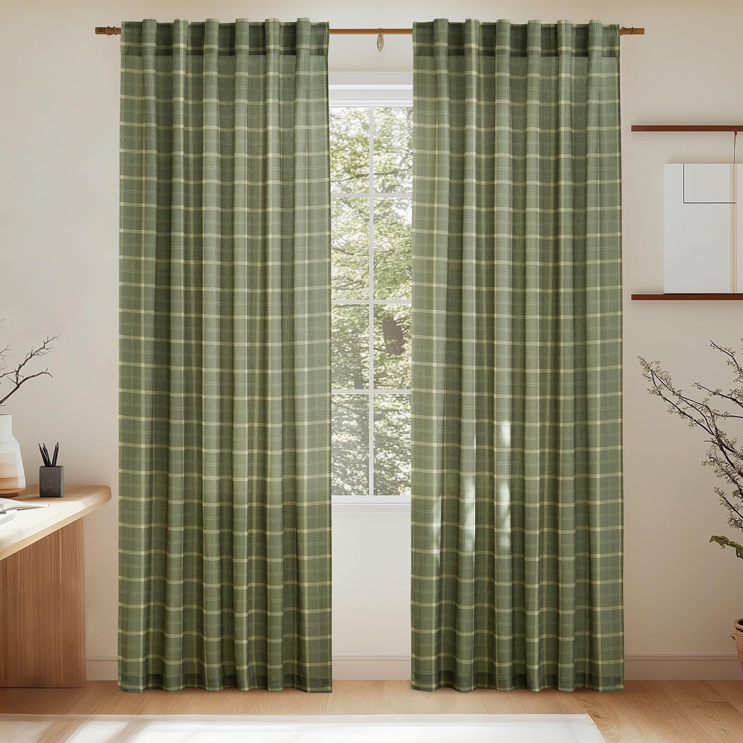 image:imageNICETOWN Taupe Plaid Print Linen Gingham Curtains 96 inches LongGrid Pattern Moss Green
