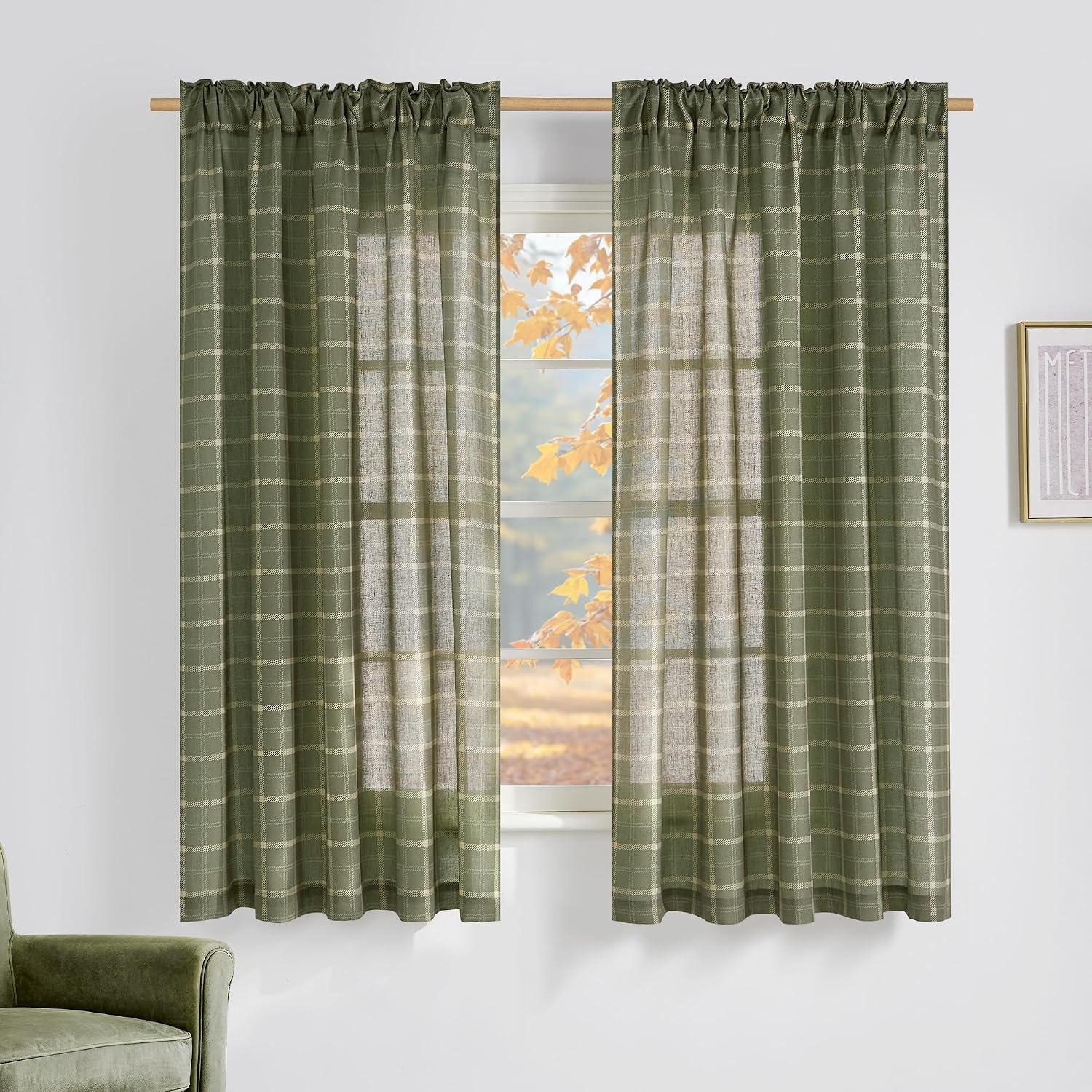 image:imageNICETOWN Taupe Plaid Print Linen Gingham Curtains 96 inches LongGrid Pattern Moss Green