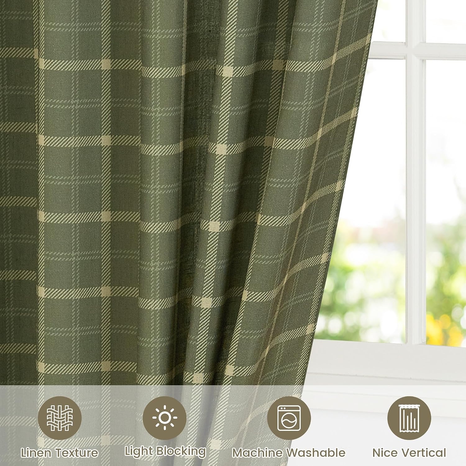 image:imageNICETOWN Taupe Plaid Print Linen Gingham Curtains 96 inches LongGrid Pattern Moss Green