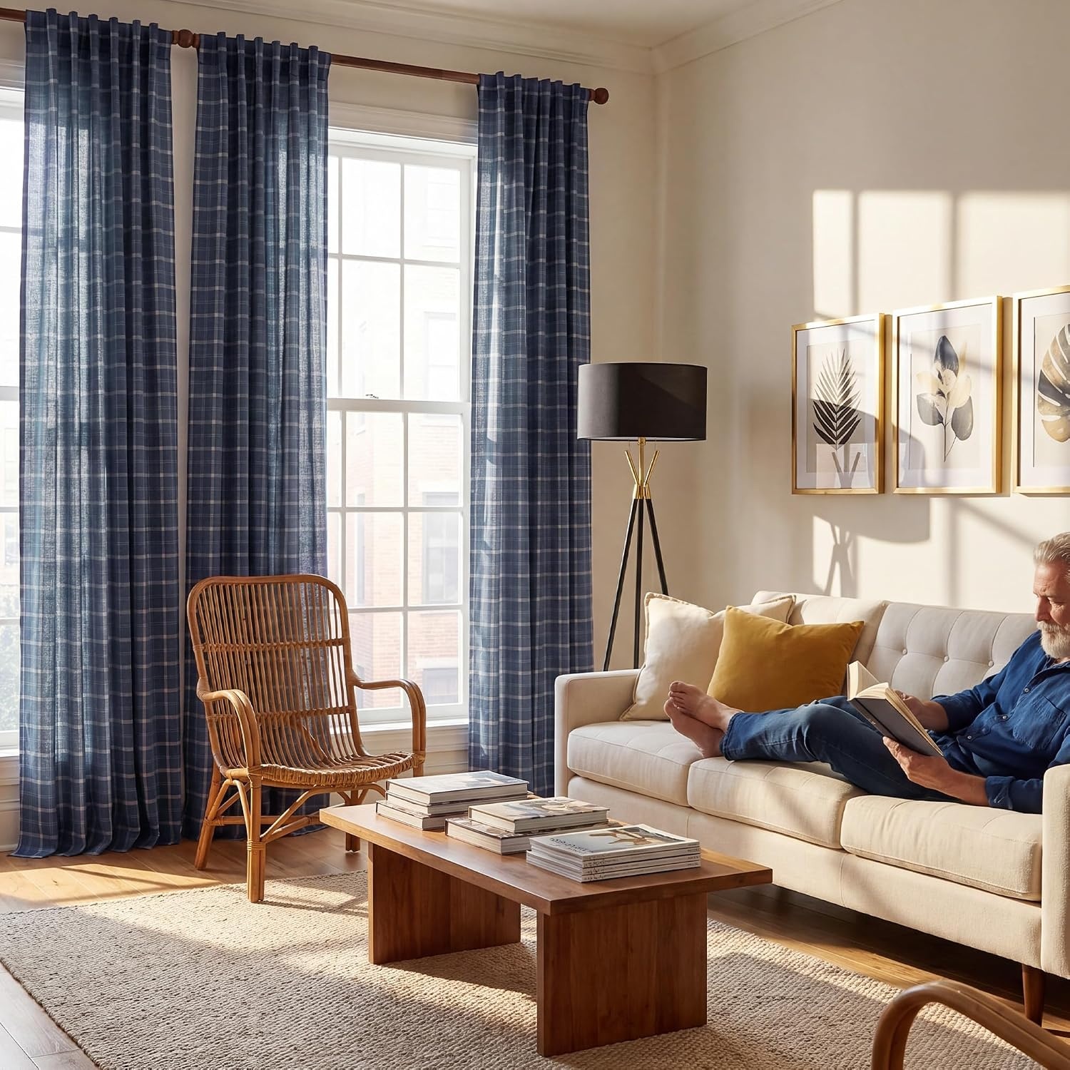 image:imageNICETOWN Taupe Plaid Print Linen Gingham Curtains 96 inches LongGrid Pattern Navy Blue