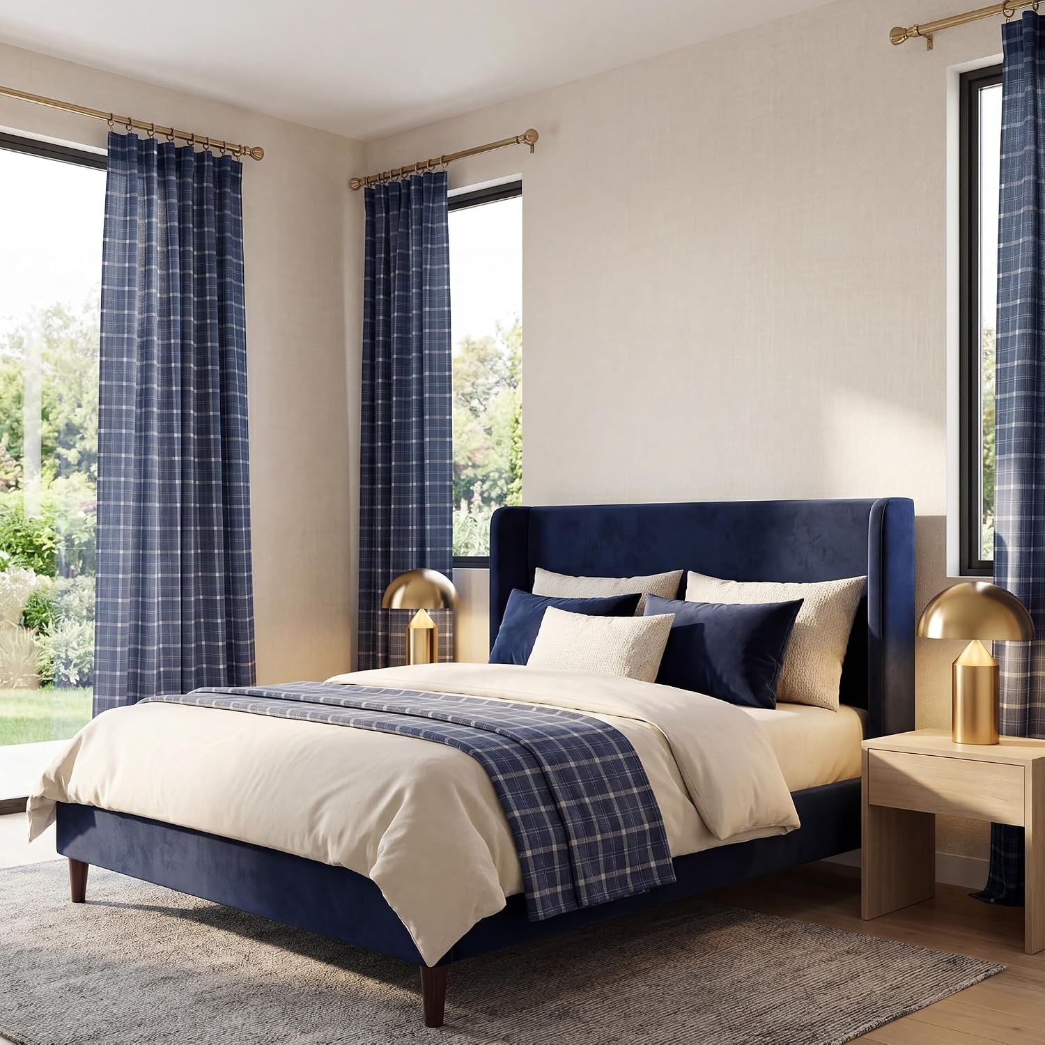 image:imageNICETOWN Taupe Plaid Print Linen Gingham Curtains 96 inches LongGrid Pattern Navy Blue