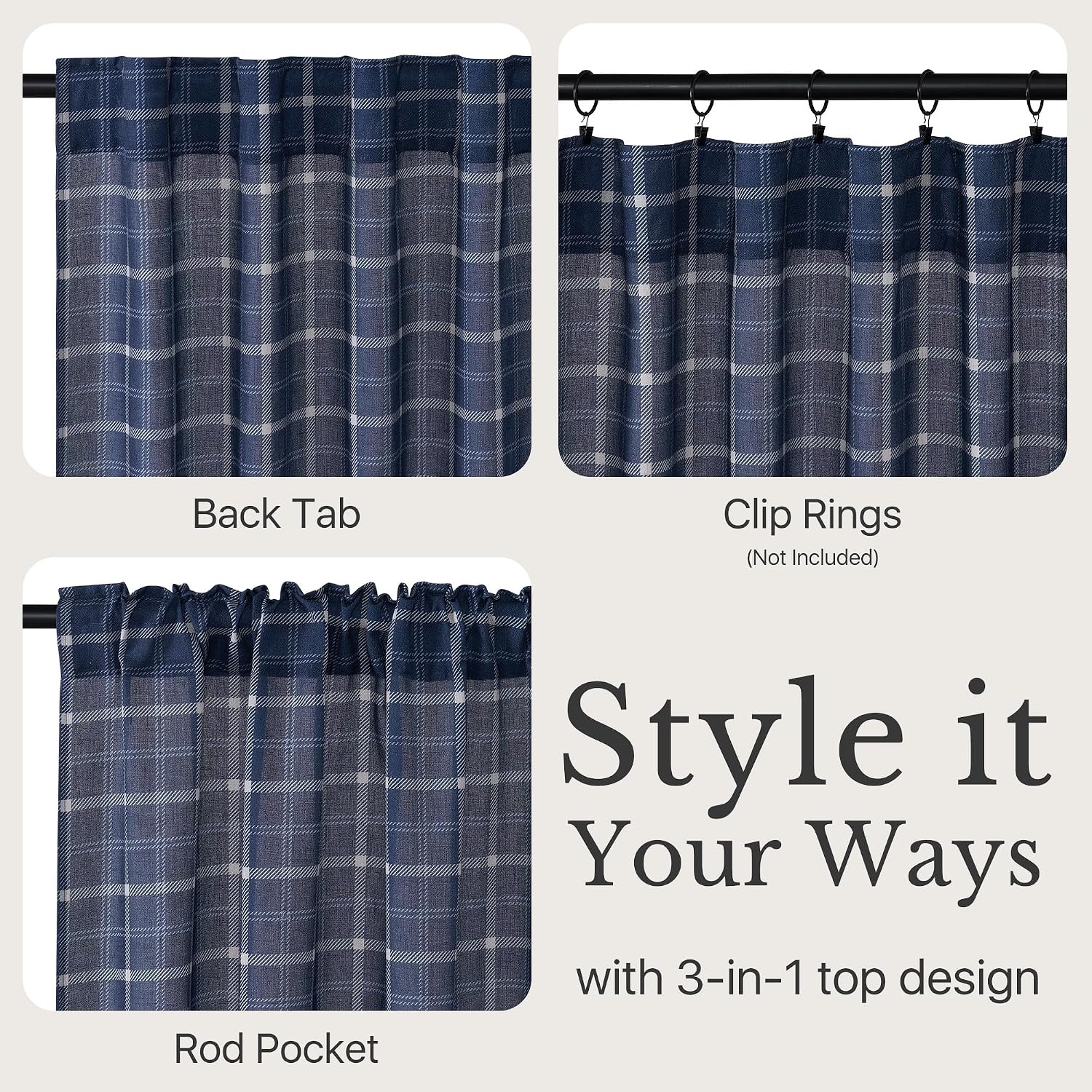 image:imageNICETOWN Taupe Plaid Print Linen Gingham Curtains 96 inches LongGrid Pattern Navy Blue