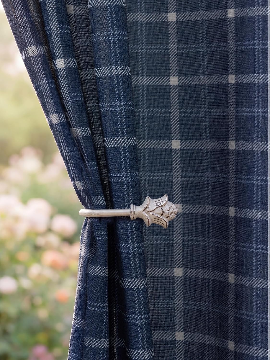 image:imageNICETOWN Taupe Plaid Print Linen Gingham Curtains 96 inches LongGrid Pattern Navy Blue