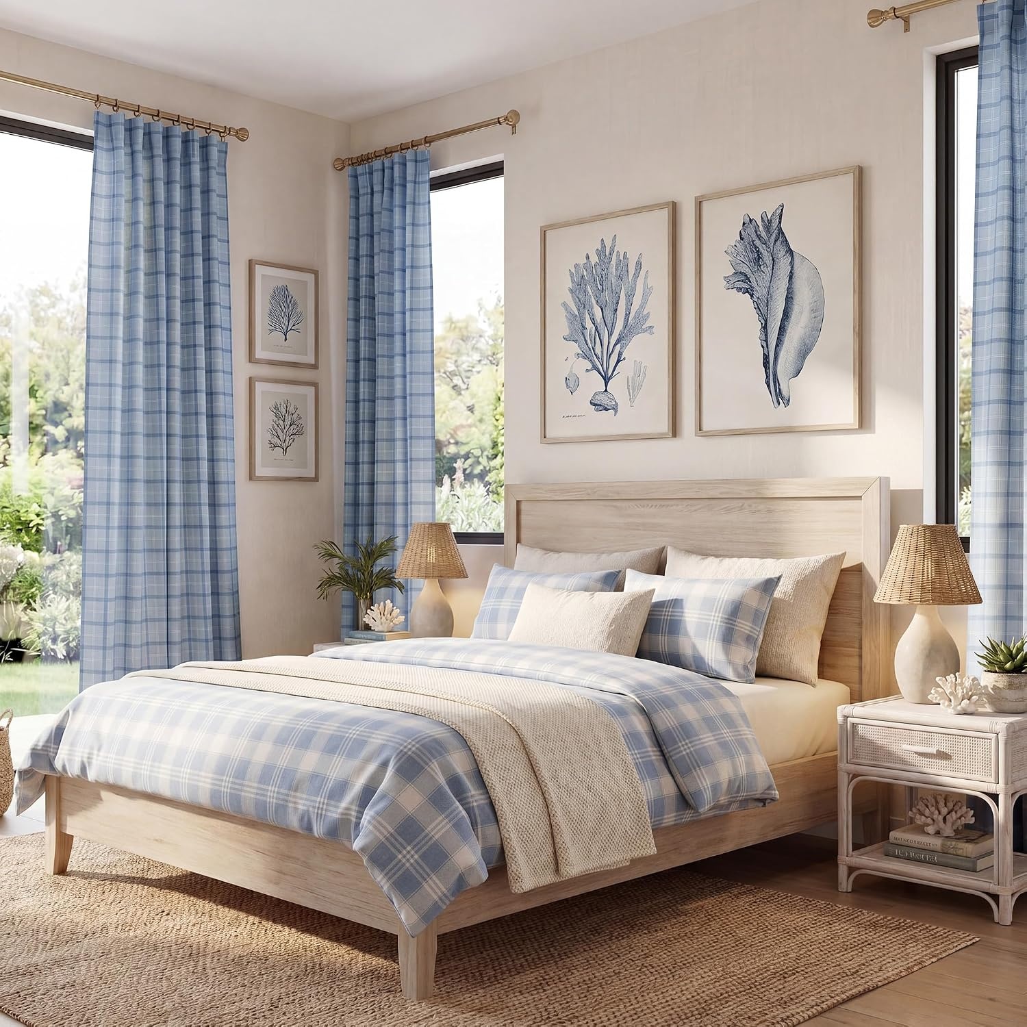 image:imageNICETOWN Taupe Plaid Print Linen Gingham Curtains 96 inches LongGrid Pattern Seafoam Blue