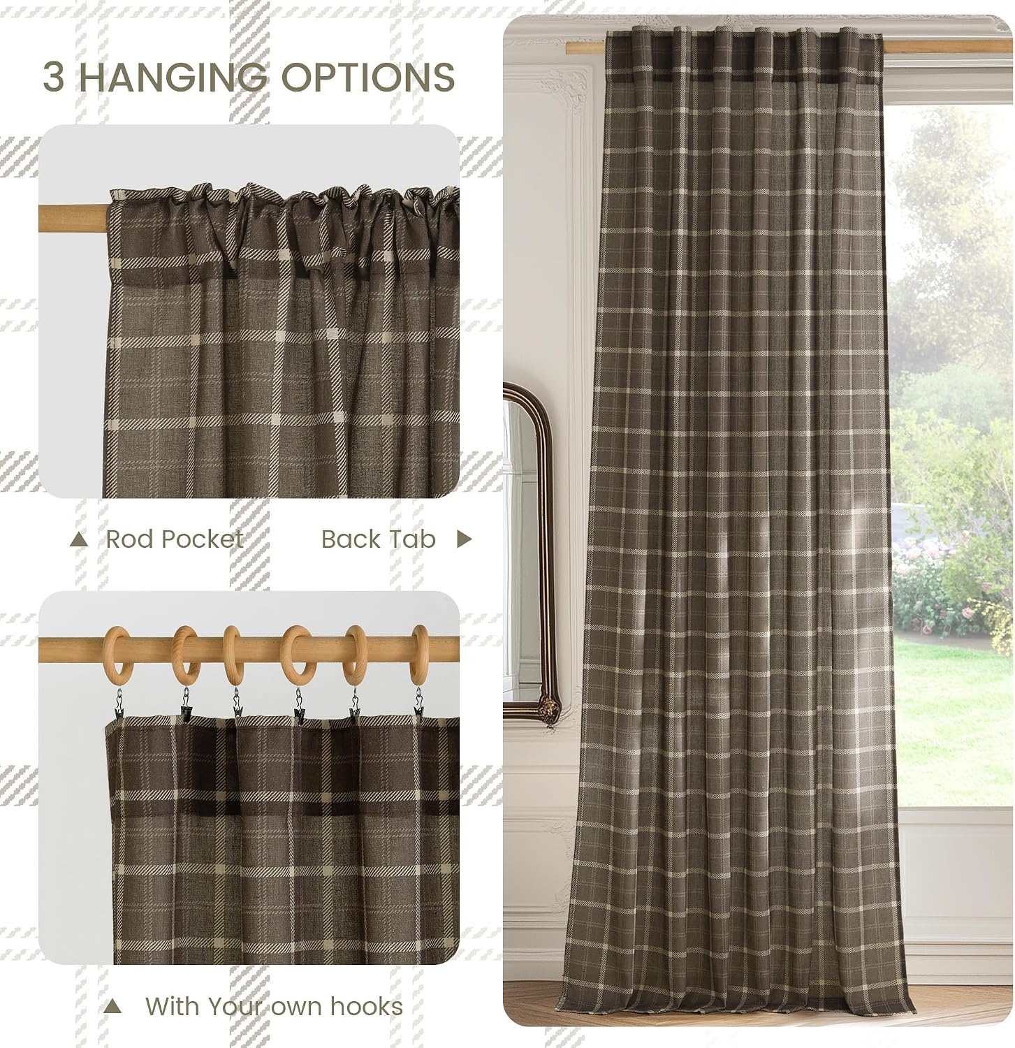 image:imageNICETOWN Taupe Plaid Print Linen Gingham Curtains 96 inches LongGrid Pattern Taupe