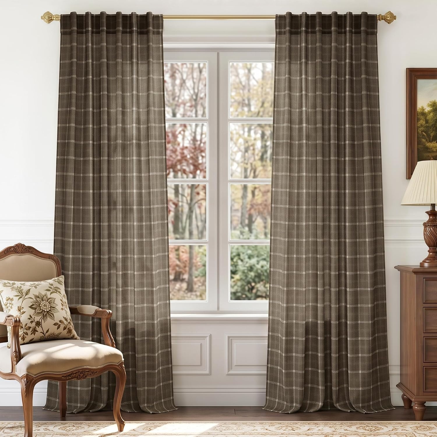 image:imageNICETOWN Taupe Plaid Print Linen Gingham Curtains 96 inches LongGrid Pattern Taupe
