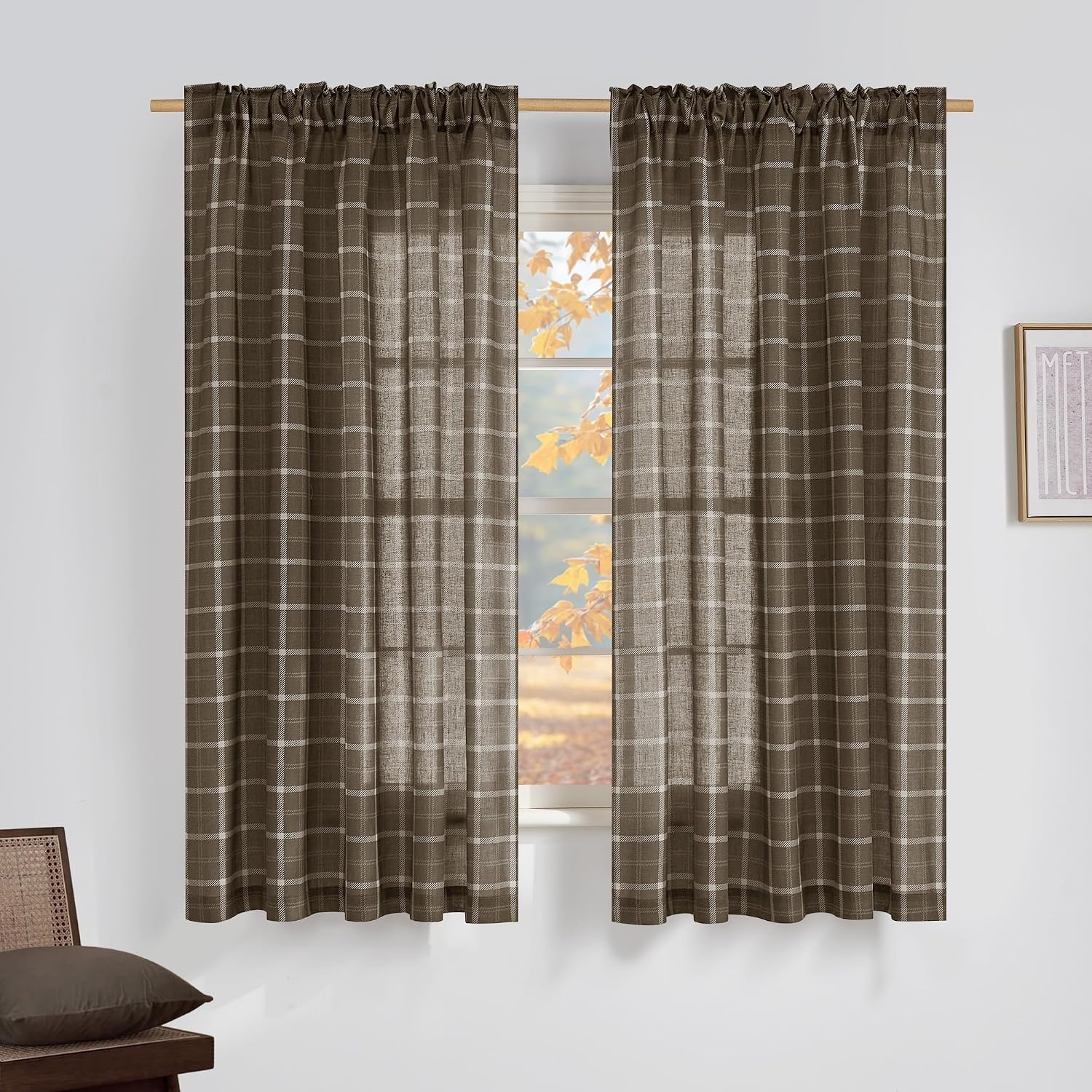 image:imageNICETOWN Taupe Plaid Print Linen Gingham Curtains 96 inches LongGrid Pattern Taupe