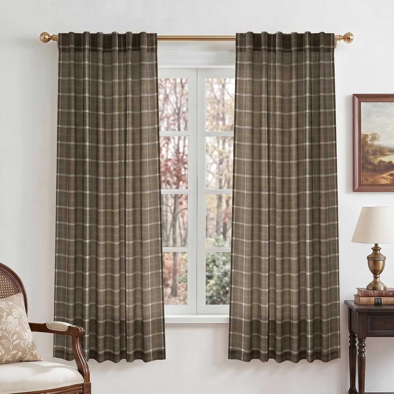 image:imageNICETOWN Taupe Plaid Print Linen Gingham Curtains 96 inches LongGrid Pattern Taupe